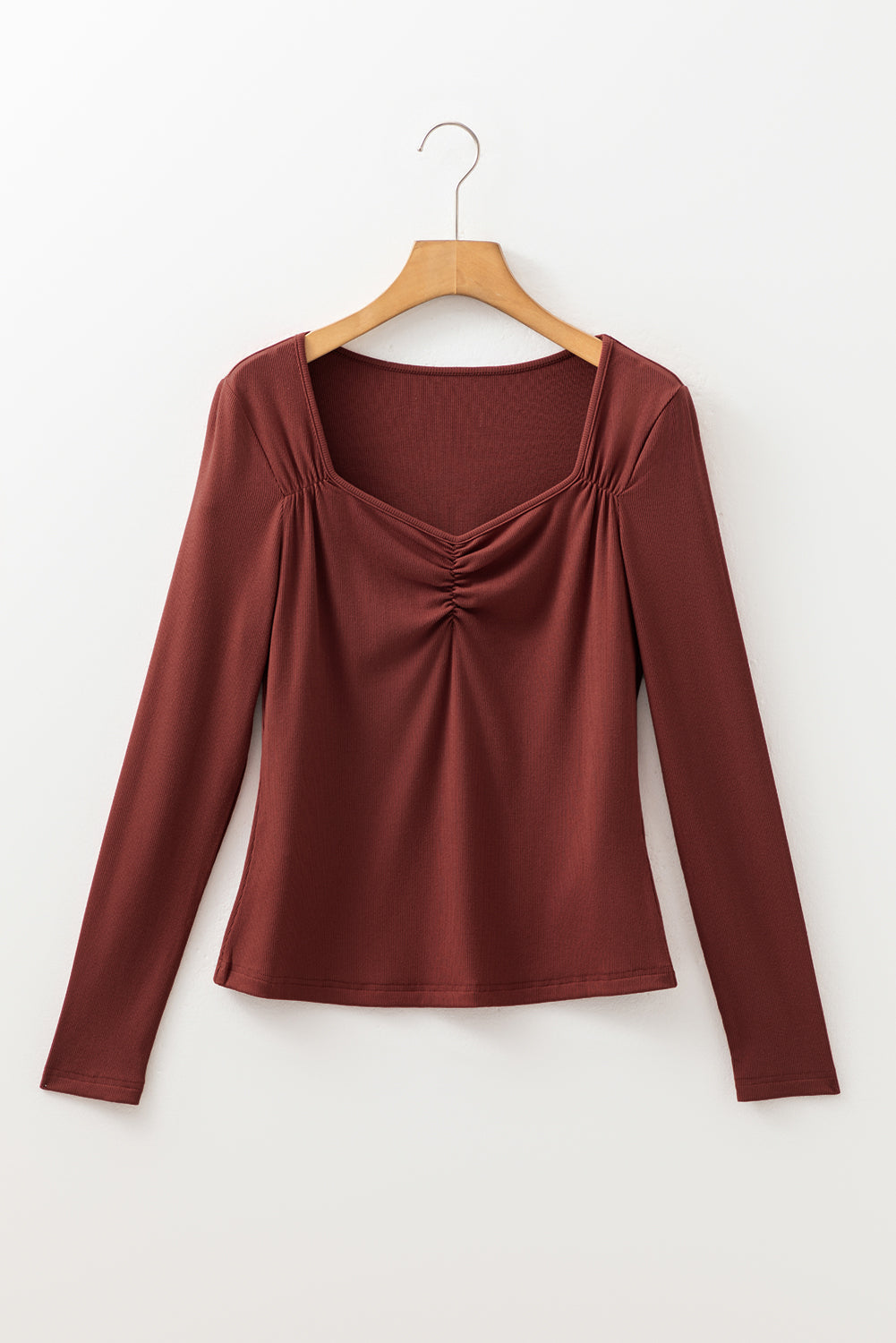 Ribbed Fit Long Sleeve Top with Gathered Bust and Square Neck