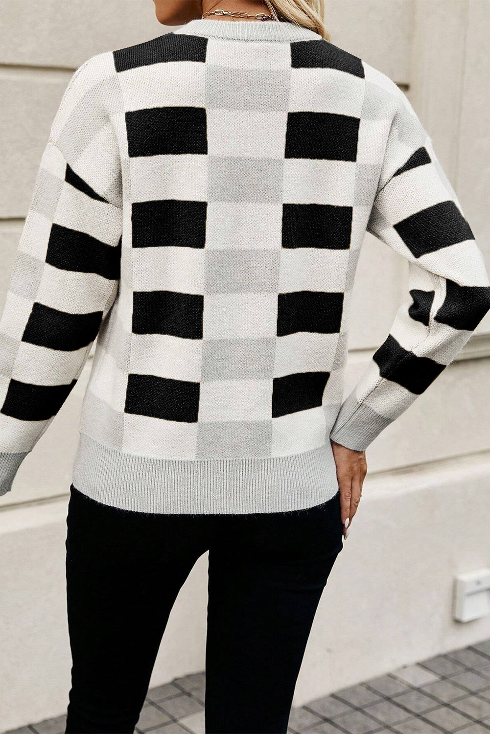 Checkered Ribbed Edge Drop Shoulder O-Neck Sweater