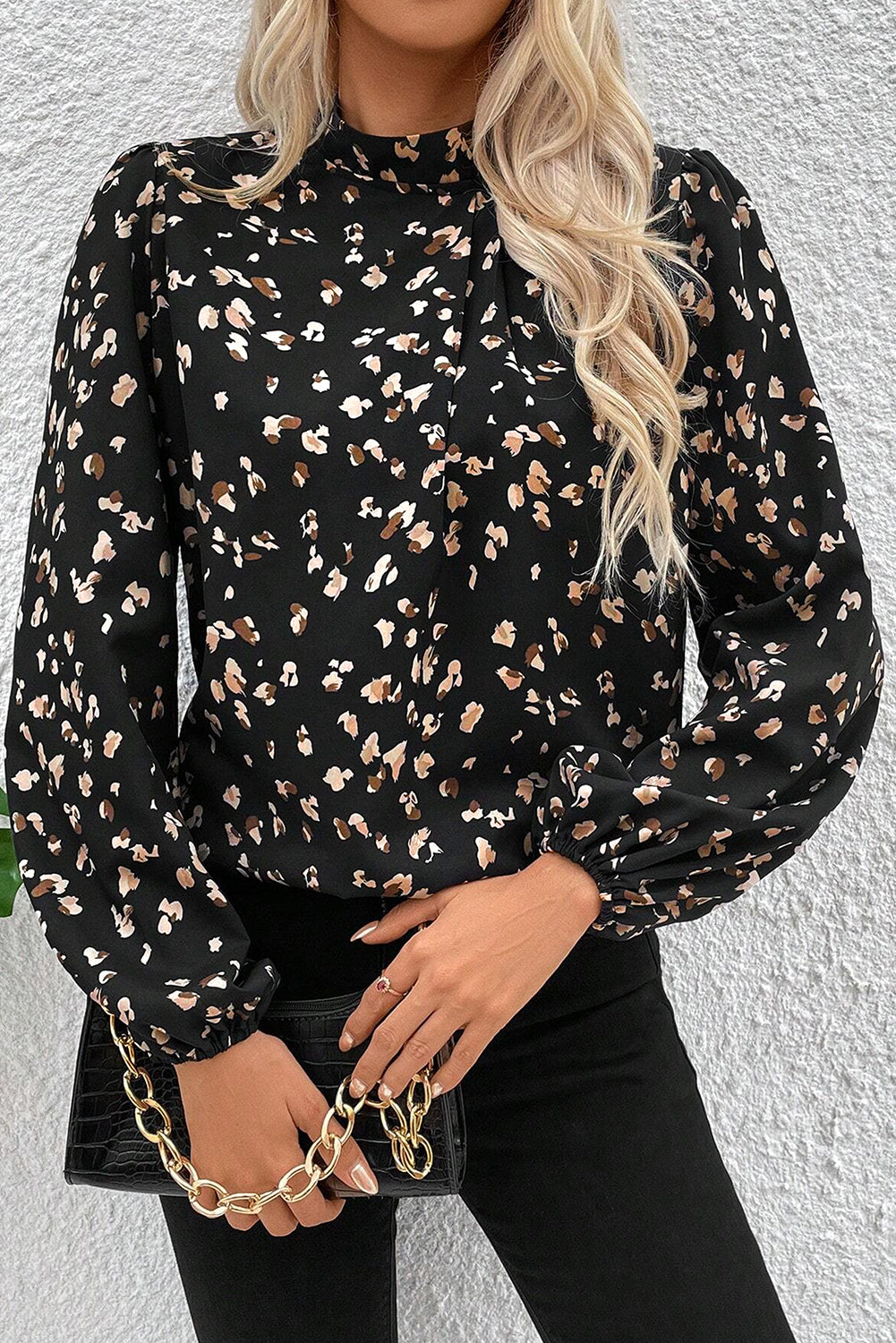 Leopard Print Pleated Blouse with Mock Neck and Lantern Sleeves
