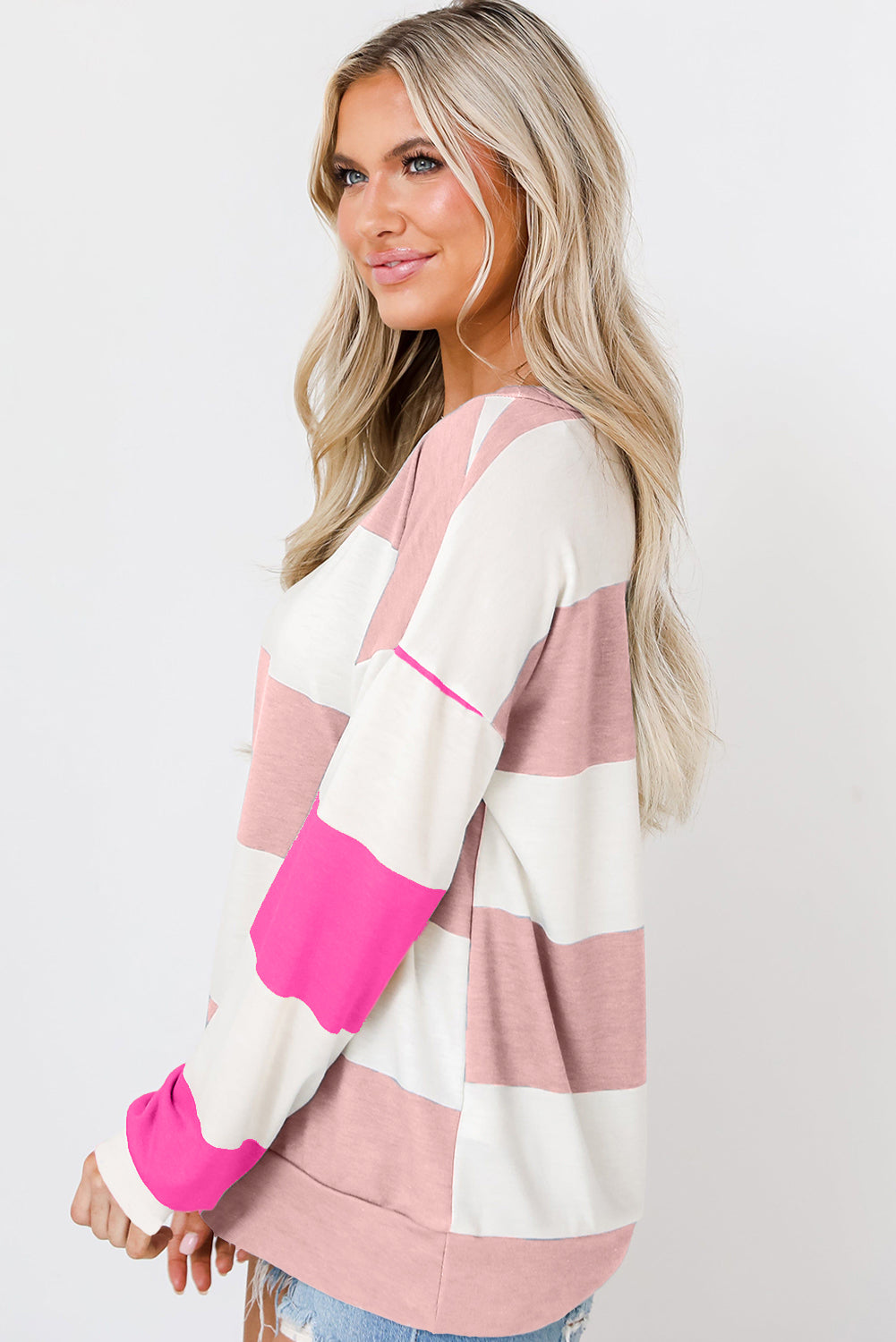 Striped Colorblock Drop Shoulder Long Sleeve Women's Top