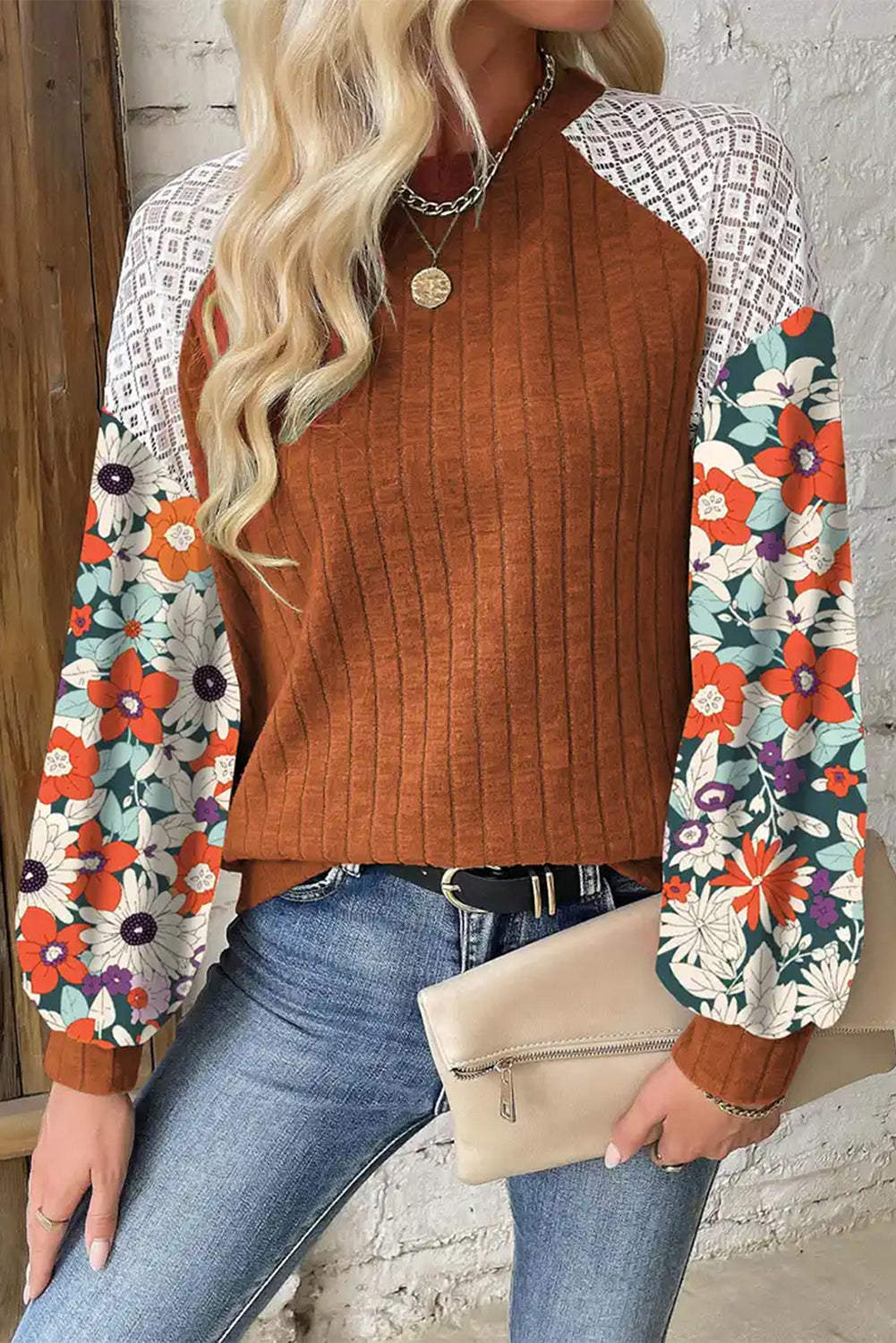 Long Sleeve Ribbed Blouse with Floral Patchwork Detail