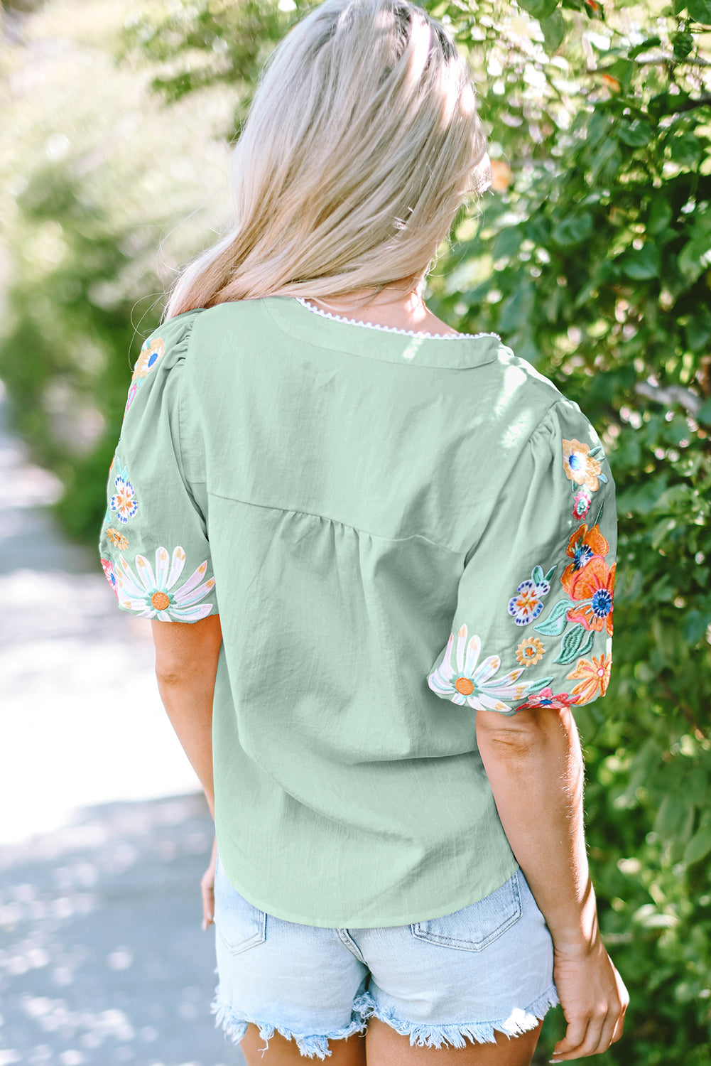Floral Embroidered Puff Sleeve Split Neck Blouse for Women
