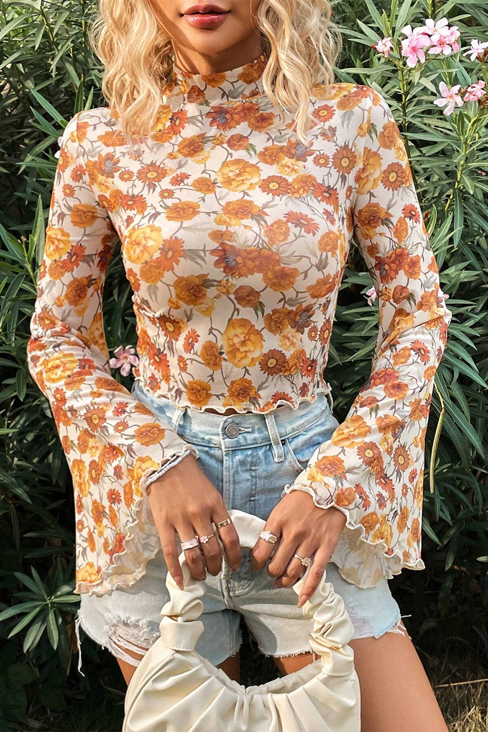 Floral Print Bell Sleeve Mock Neck Blouse with Scallop Trim