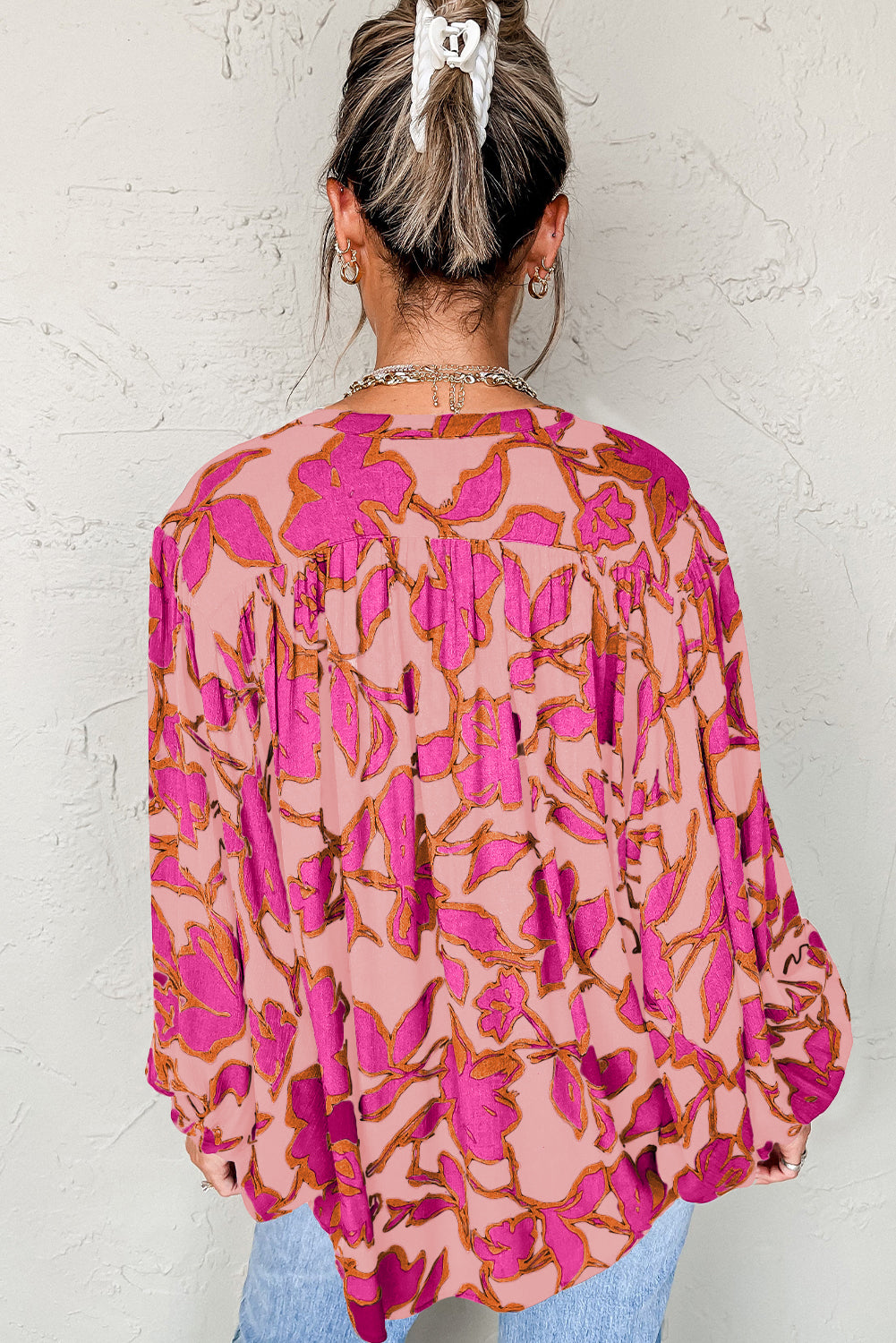 Floral Print Batwing Sleeve Buttoned Loose Fit Shirt for Women