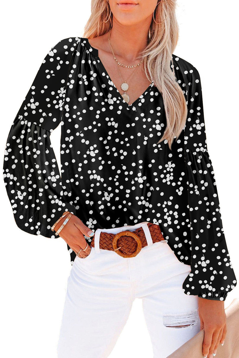 Floral Print V Neck Long Puff Sleeve Blouse for Women