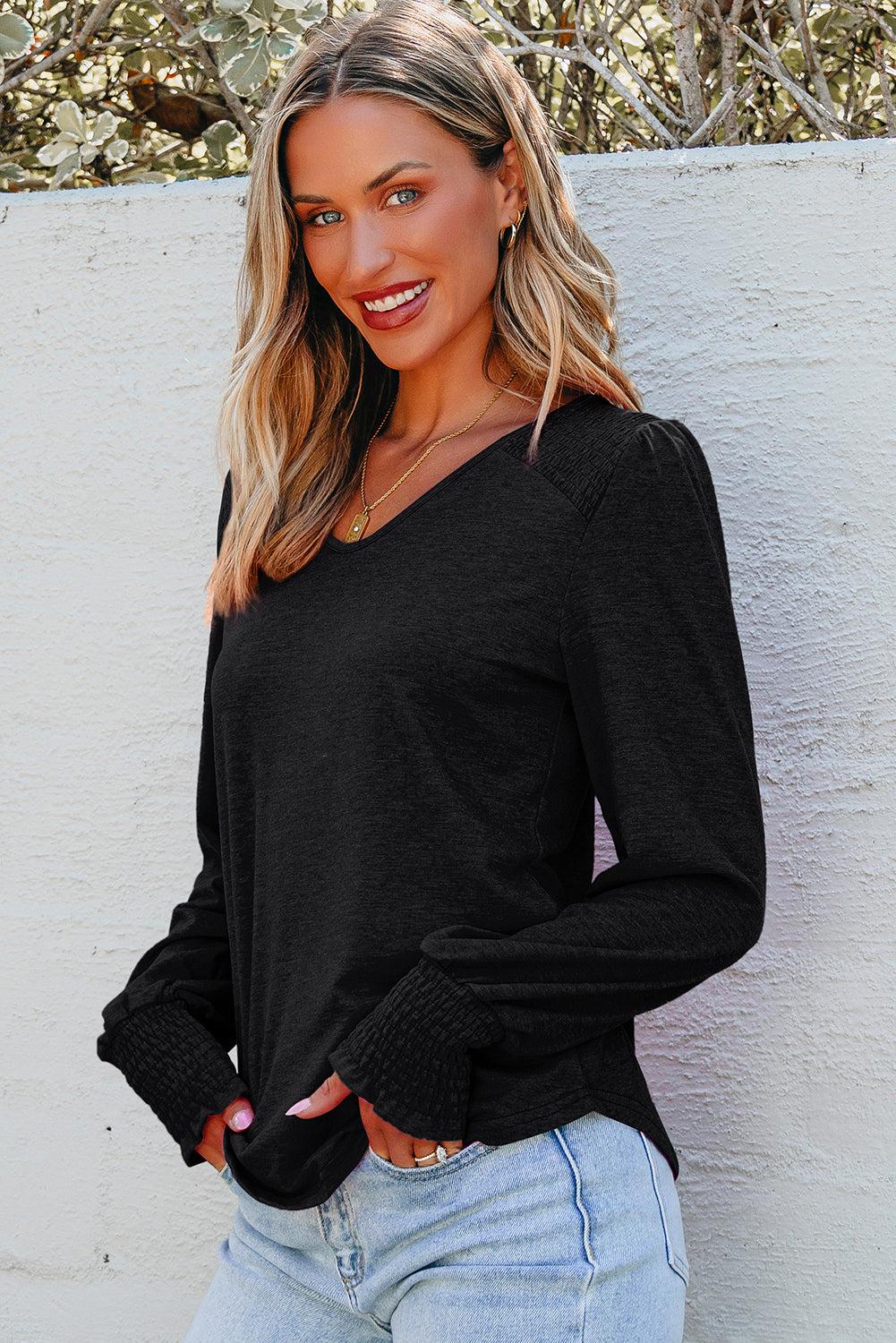 Long Sleeve Shirred Shoulder Top with Frilled Cuffs