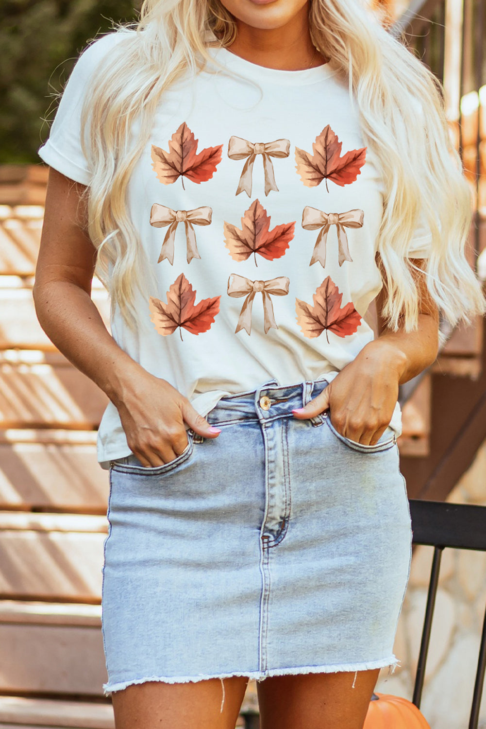 Thanksgiving Bow Print Fall Leaf Graphic T-Shirt for Women