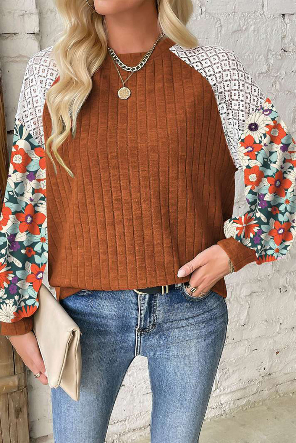 Long Sleeve Ribbed Blouse with Floral Patchwork Detail