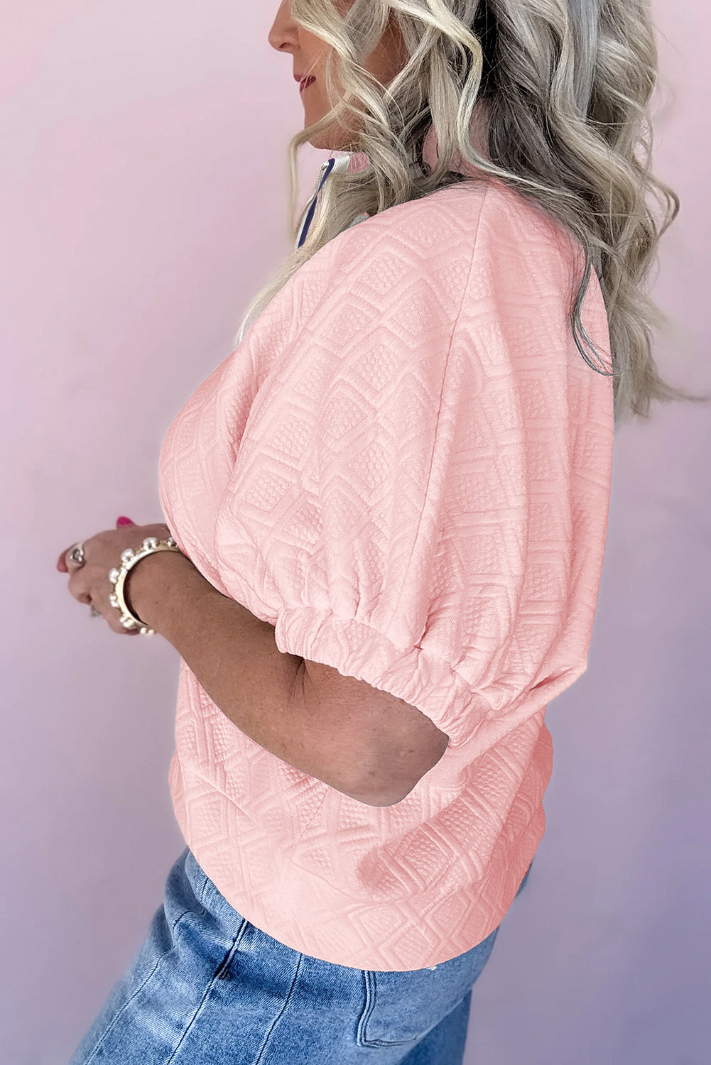 Patchwork Textured Half Sleeve Blouse with Striped Collar