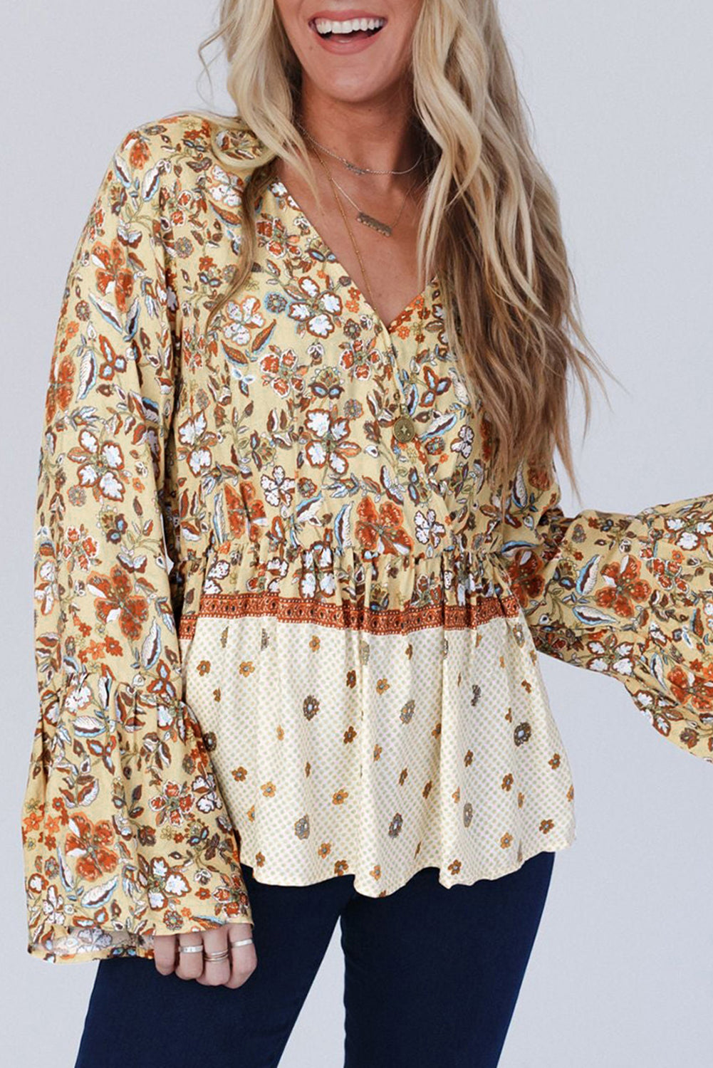 Printed Floral Bell Sleeve V Neck Wrap Peplum Blouse