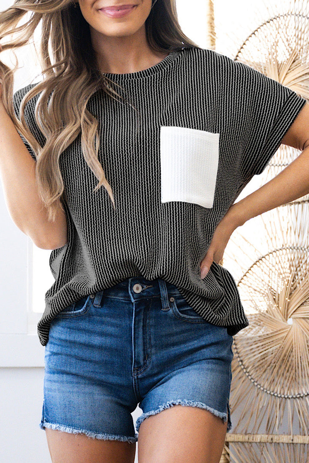 Corded Knit Color Block Pocket Crew Neck T-Shirt for Women
