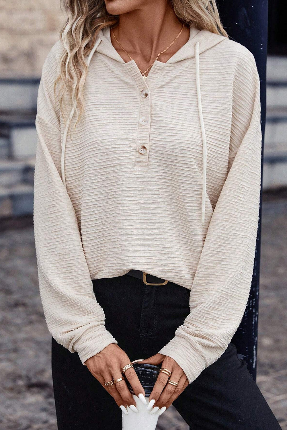 Textured Drawstring Henley Hoodie for Women Solid Long Sleeve Pullover