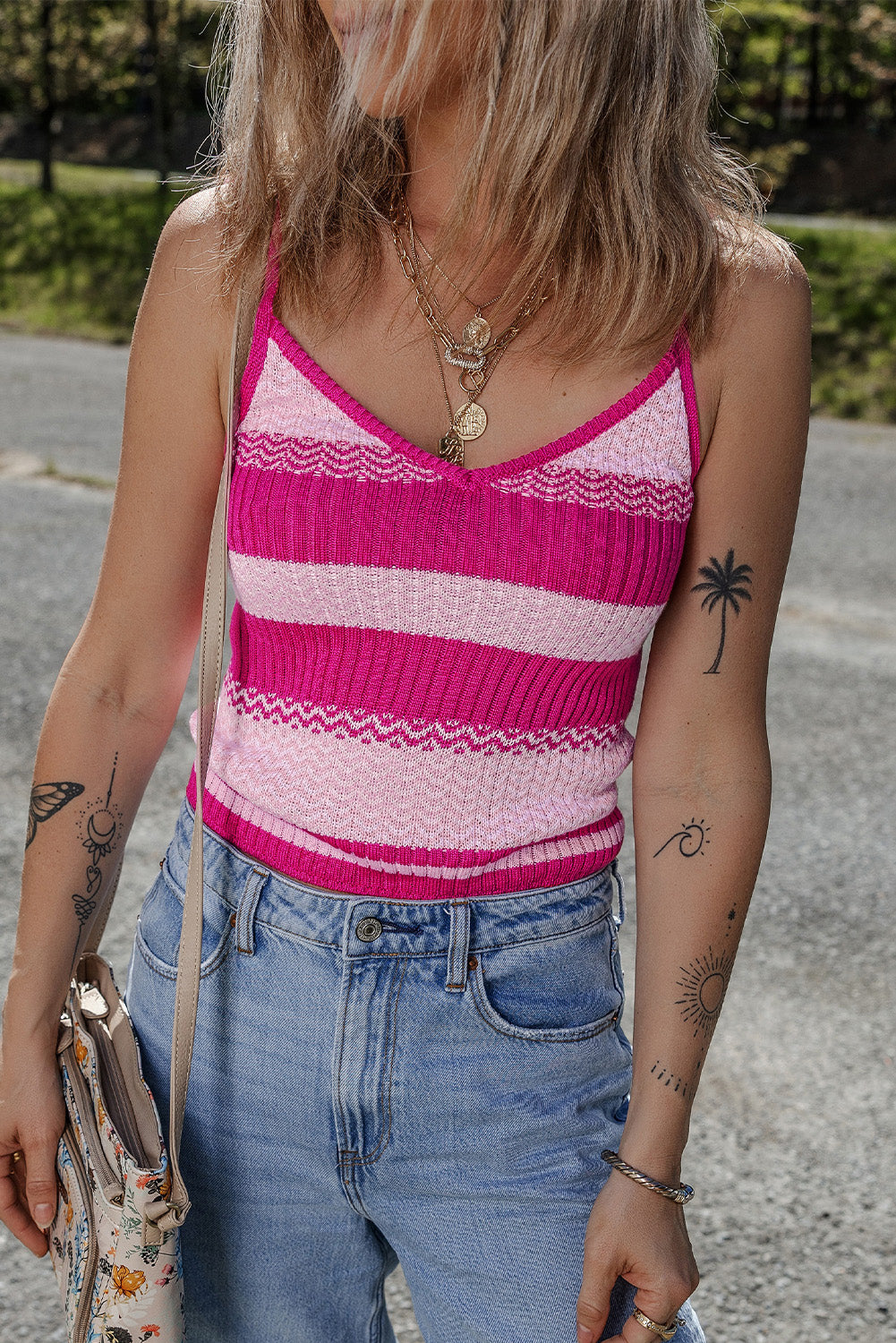 Spaghetti Strap V Neck Striped Sweater Vest for Women