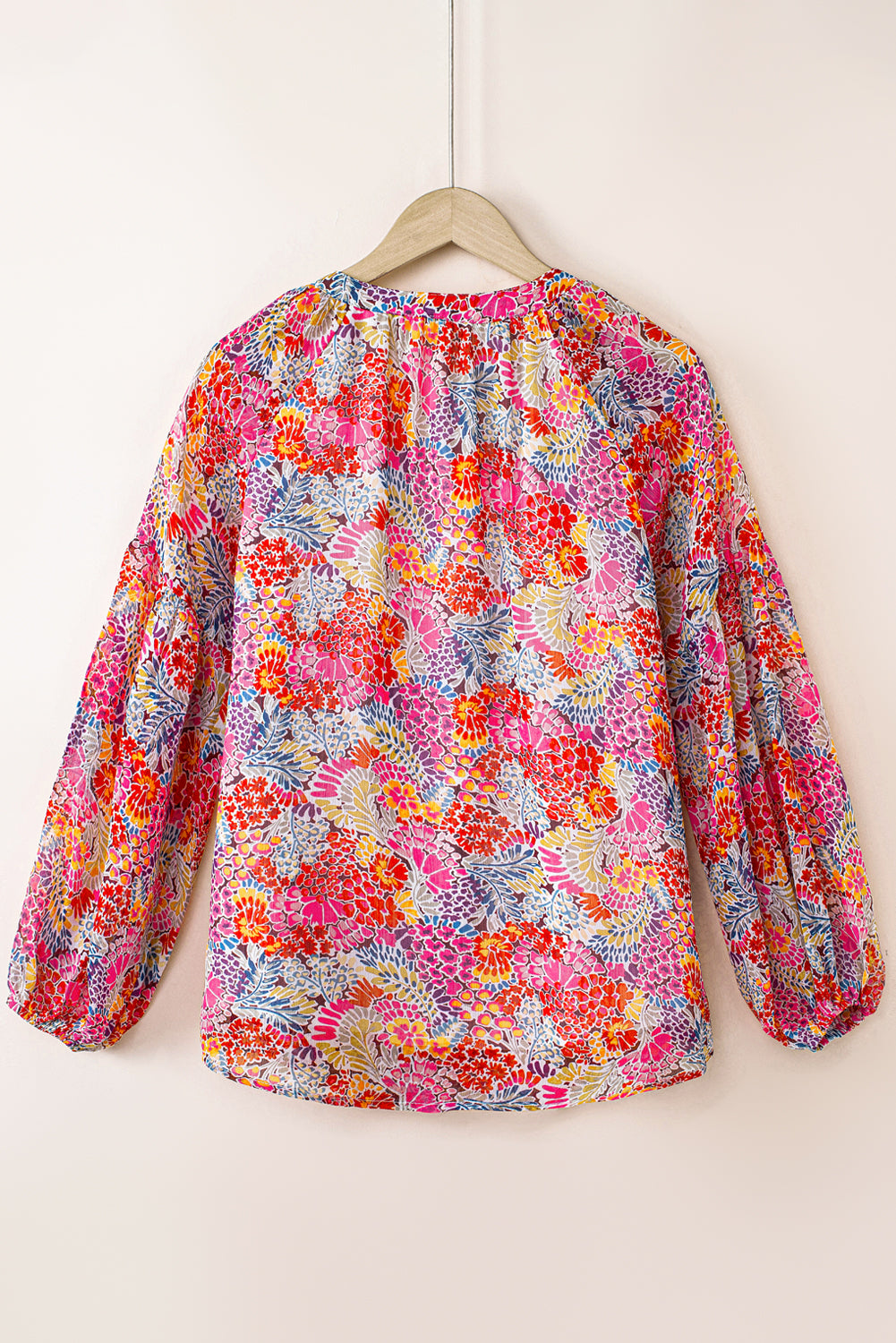 Floral Print V Neck Long Puff Sleeve Blouse for Women
