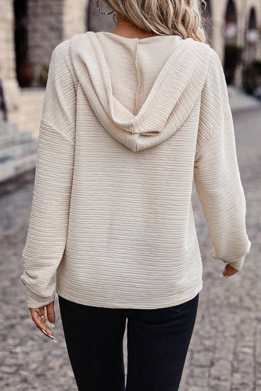Textured Drawstring Henley Hoodie for Women Solid Long Sleeve Pullover