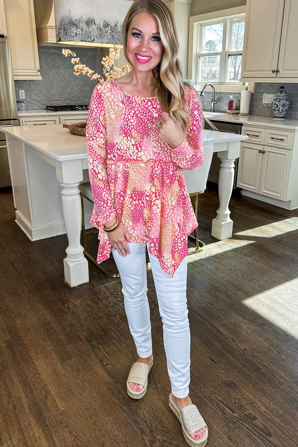 Leopard Print Handkerchief Hem Tunic Top for Women