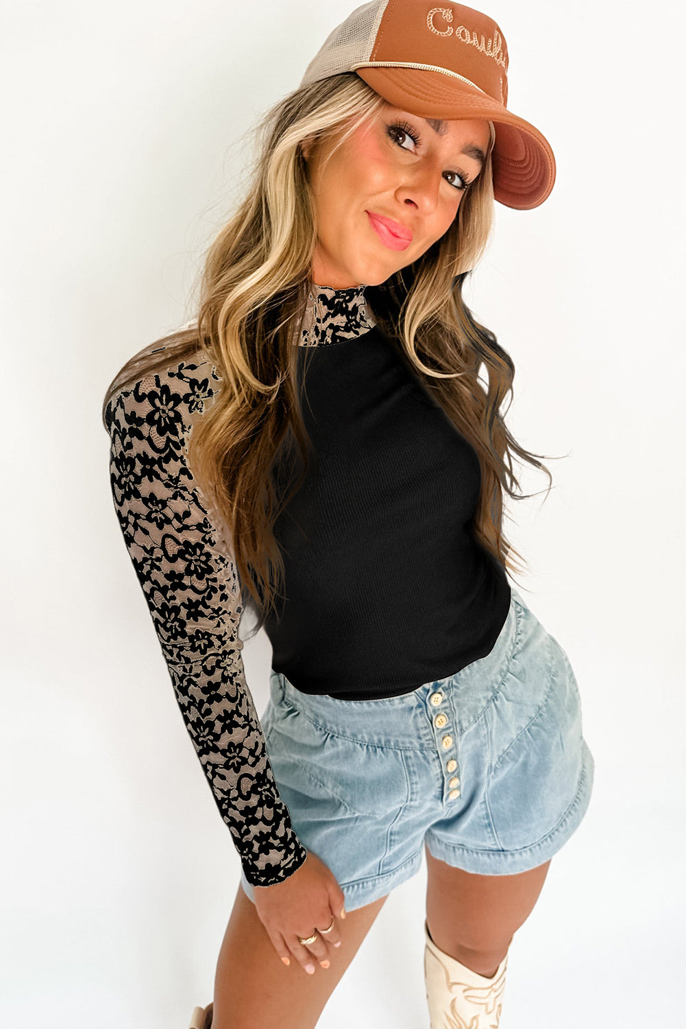 Floral Lace Patchwork Long Sleeve Slim Fit High Neck Top