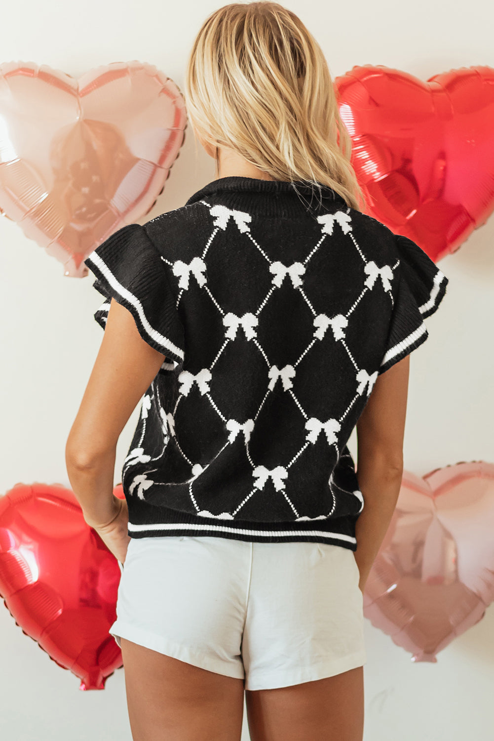 Preppy Bow Print Zipped Collar Sweater Tee with Long Sleeves