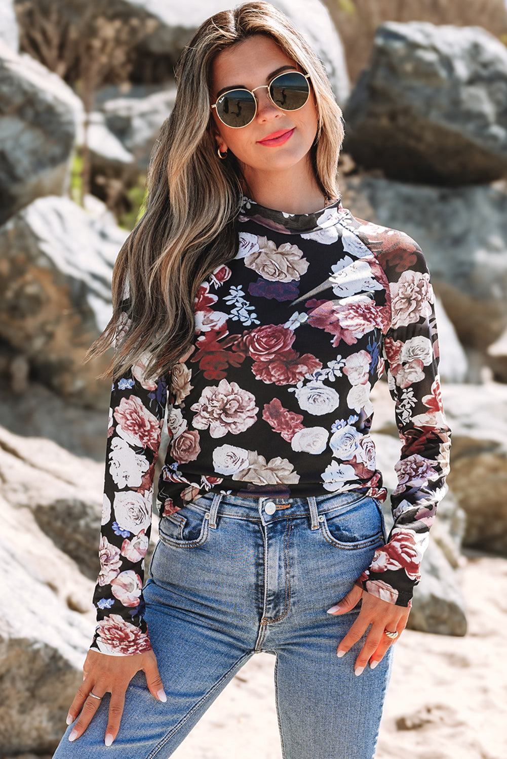 Mesh Floral Print Mock Neck Long Sleeve Slim Fit Top