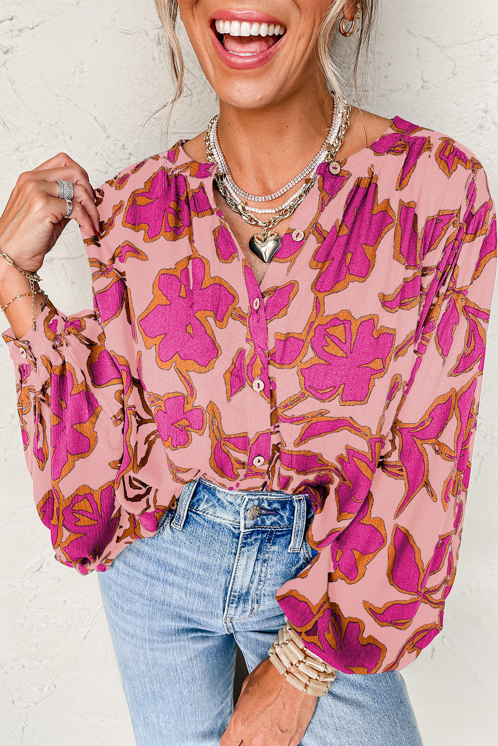 Floral Print Batwing Sleeve Buttoned Loose Fit Shirt for Women