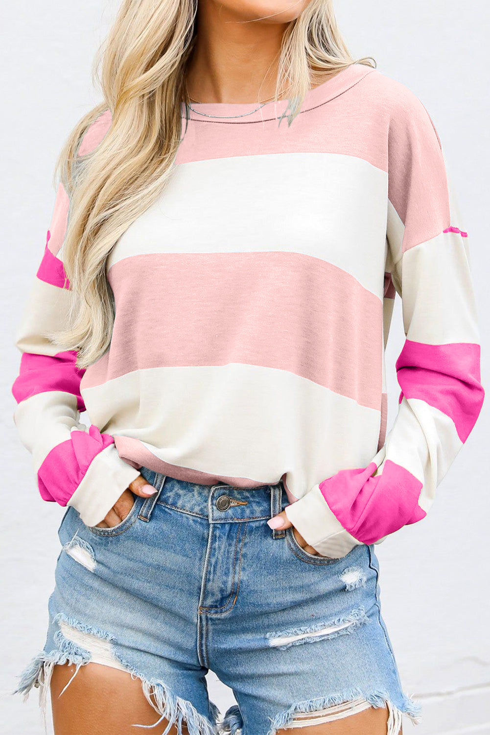 Striped Colorblock Drop Shoulder Long Sleeve Women's Top