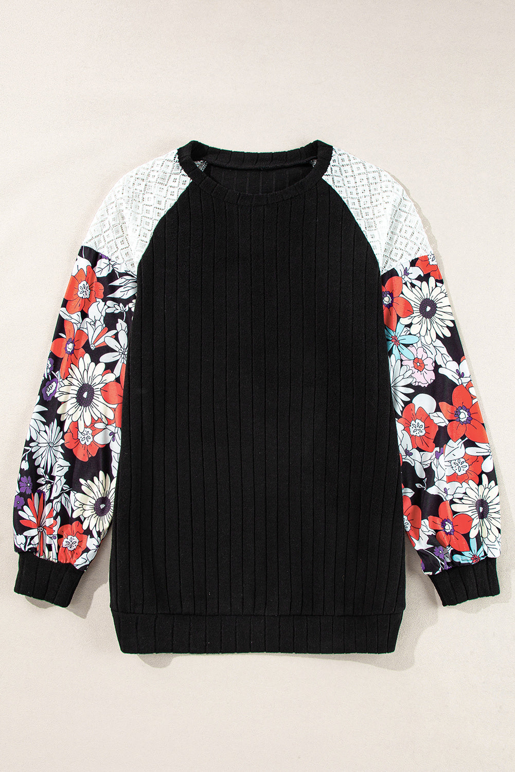 Long Sleeve Ribbed Blouse with Floral Patchwork Detail