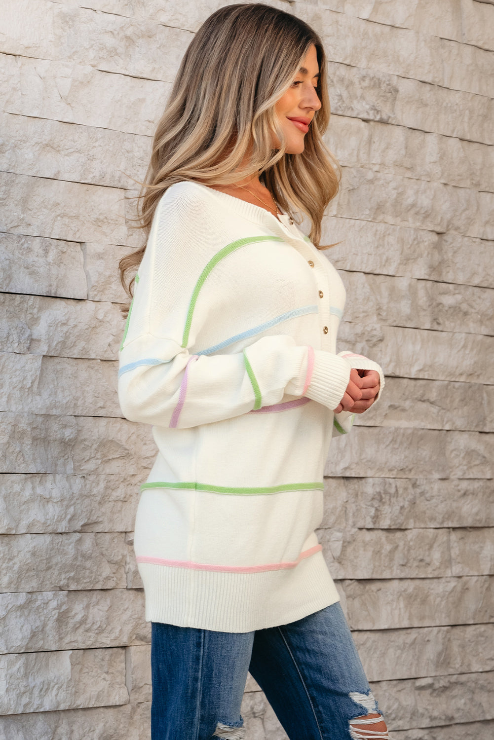 Baggy Henley Sweater with Rainbow Stripes and Drop Shoulder