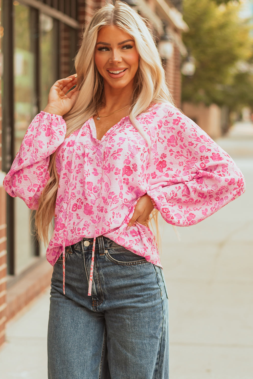 Lightweight Floral Puff Sleeve Split Neck Blouse