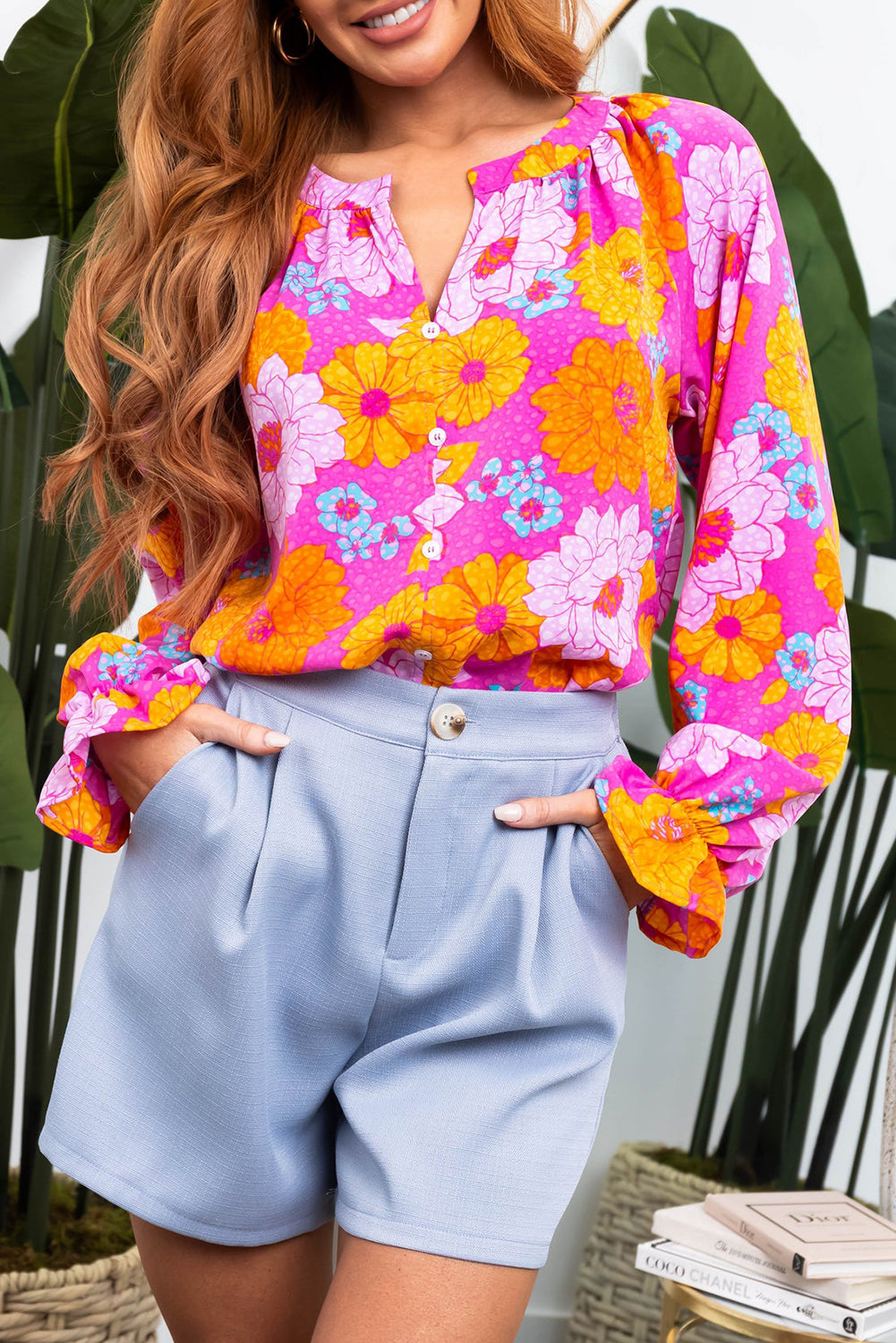 Floral Print Flounce Sleeve Notched Neck Blouse for Women
