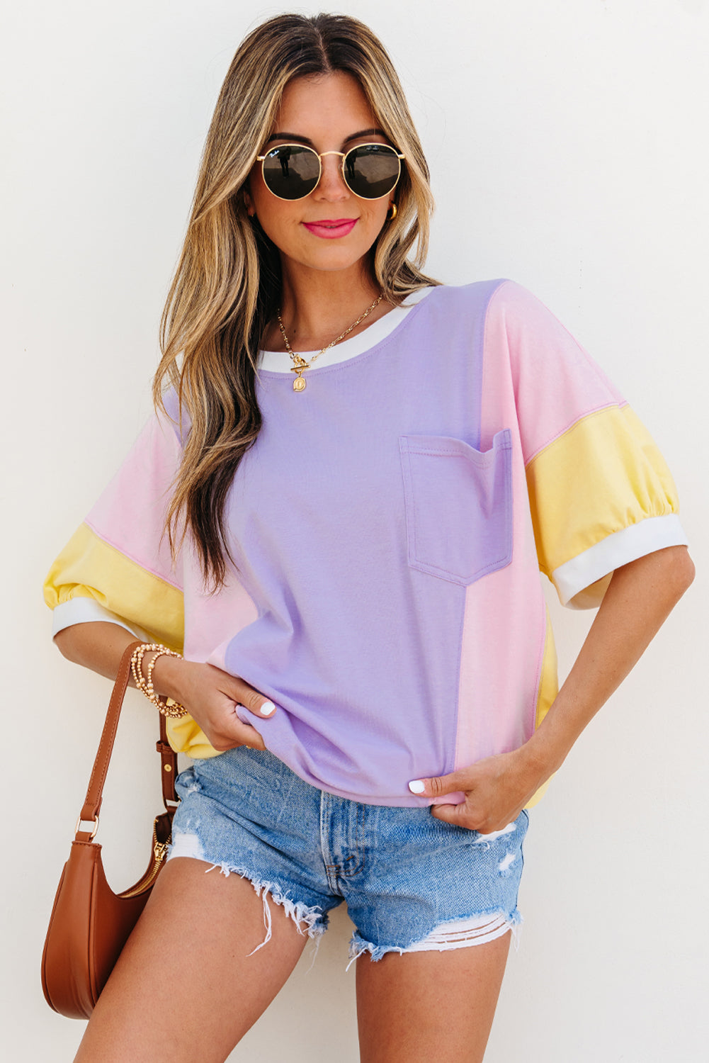 Oversized Color Block Patchwork Half Sleeve T-Shirt for Women