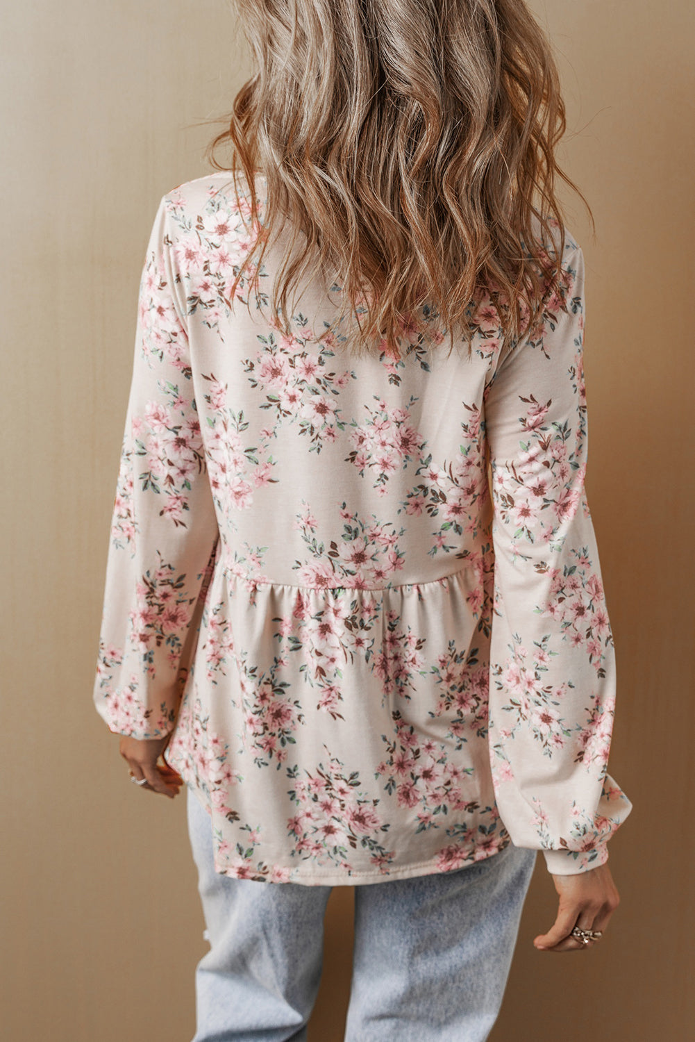 Floral Print Pleated U-Neck Loose Fit Blouse for Women