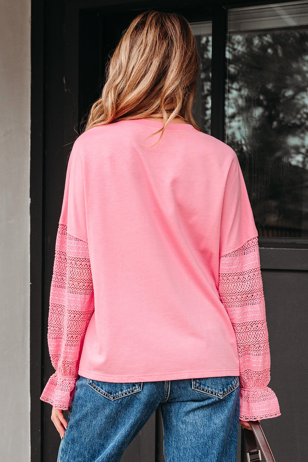 Loose Patchwork Lace Ruffled Sleeve Drop Shoulder Sweatshirt
