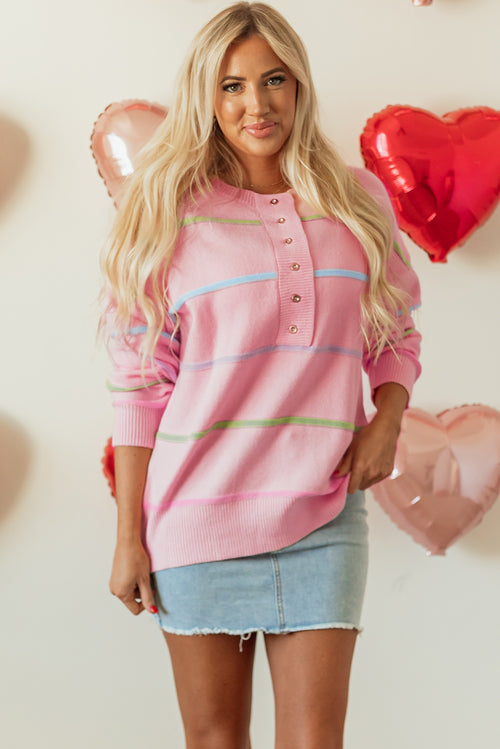 Baggy Henley Sweater with Rainbow Stripes and Drop Shoulder
