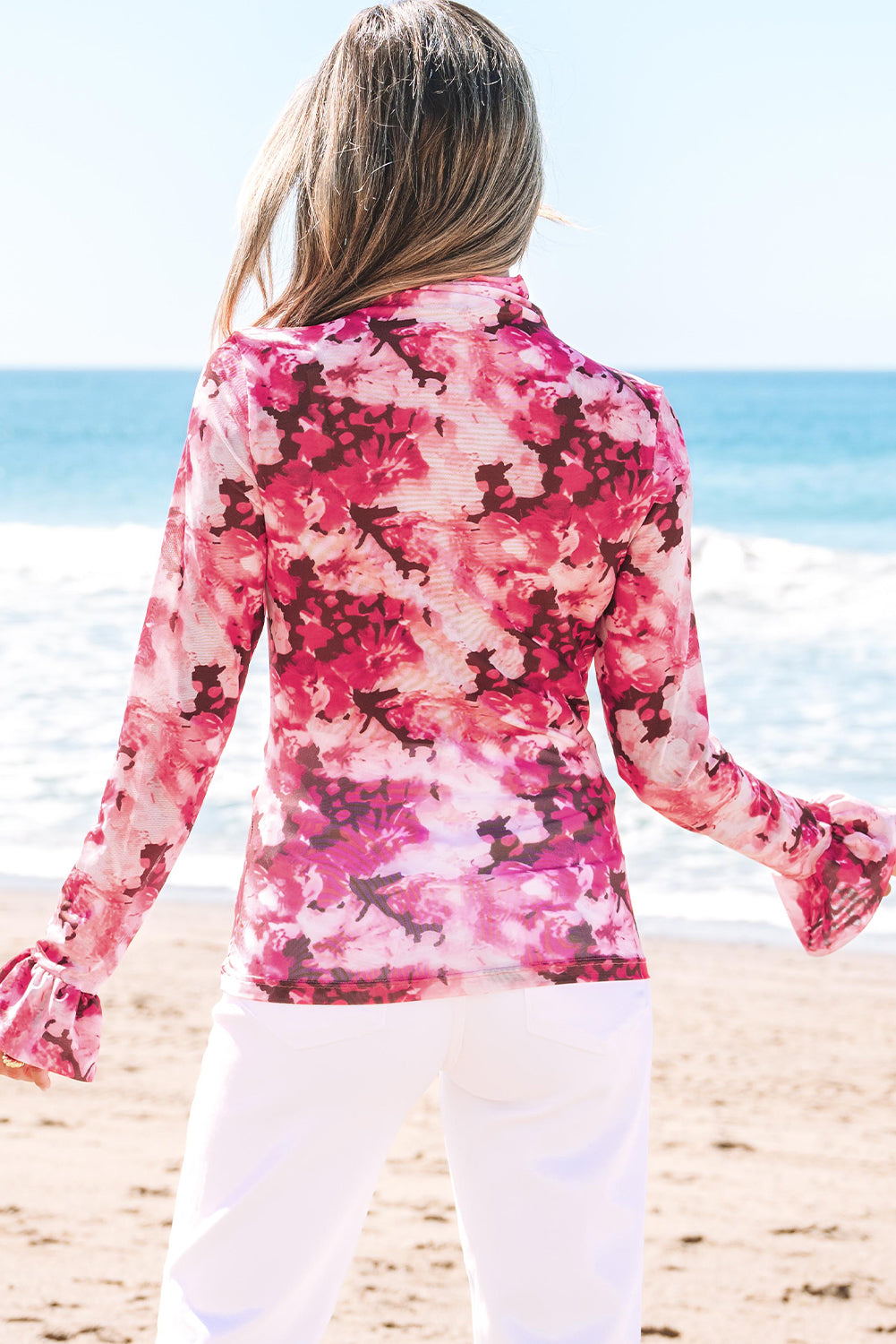 Mesh Flounce Sleeve Mock Neck Floral Blouse for Women
