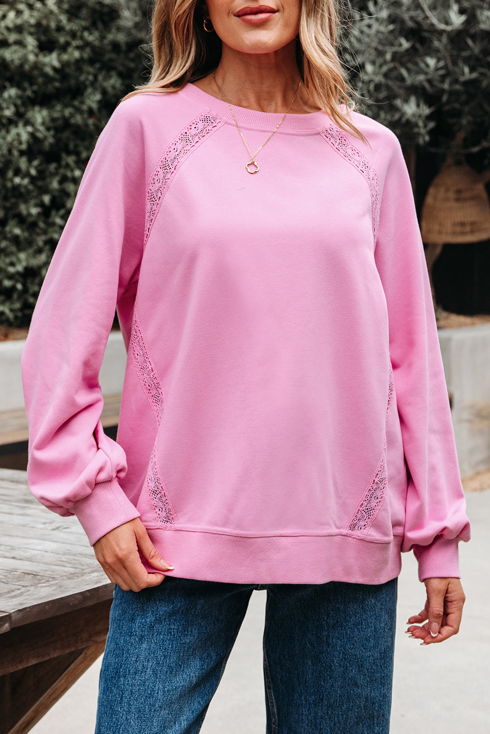 Loose Fit Lace Patch Raglan Sleeve Sweatshirt for Women