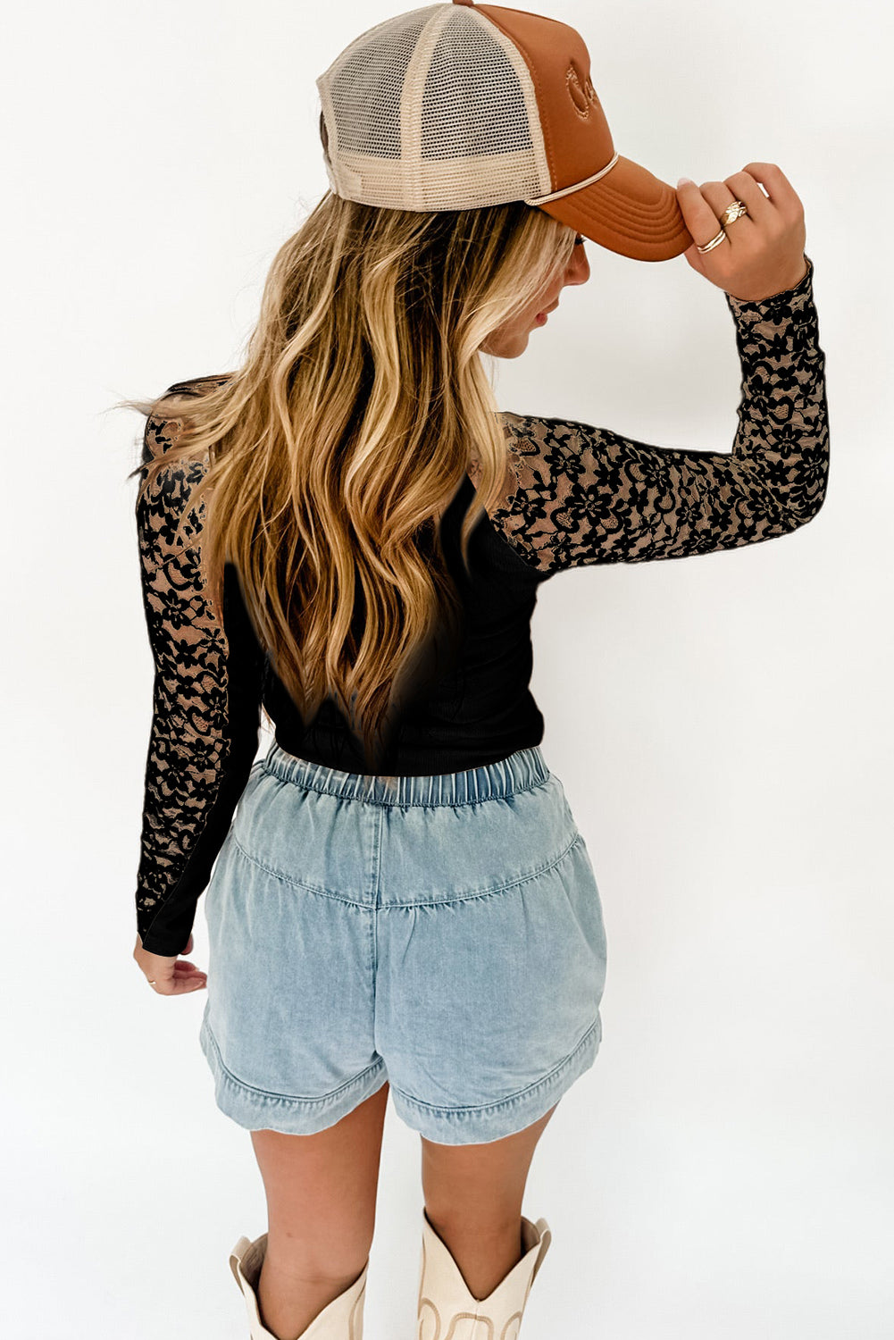 Floral Lace Patchwork Long Sleeve Slim Fit High Neck Top