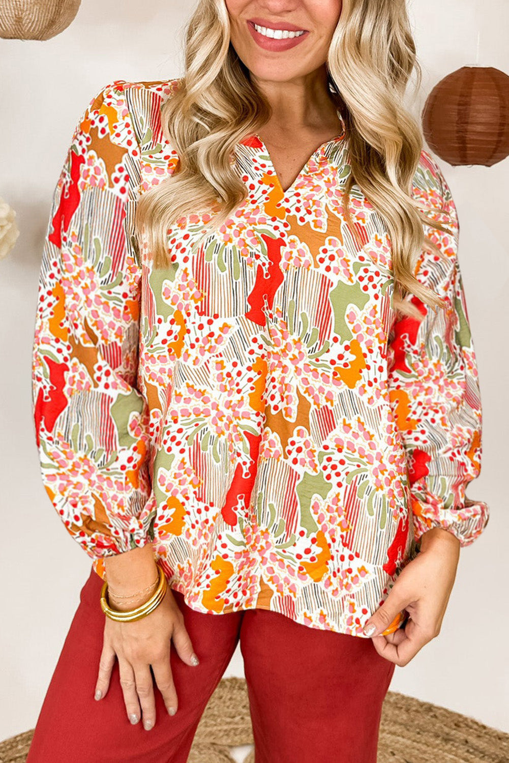 Printed Split V Neck Puff Sleeve Blouse for Women