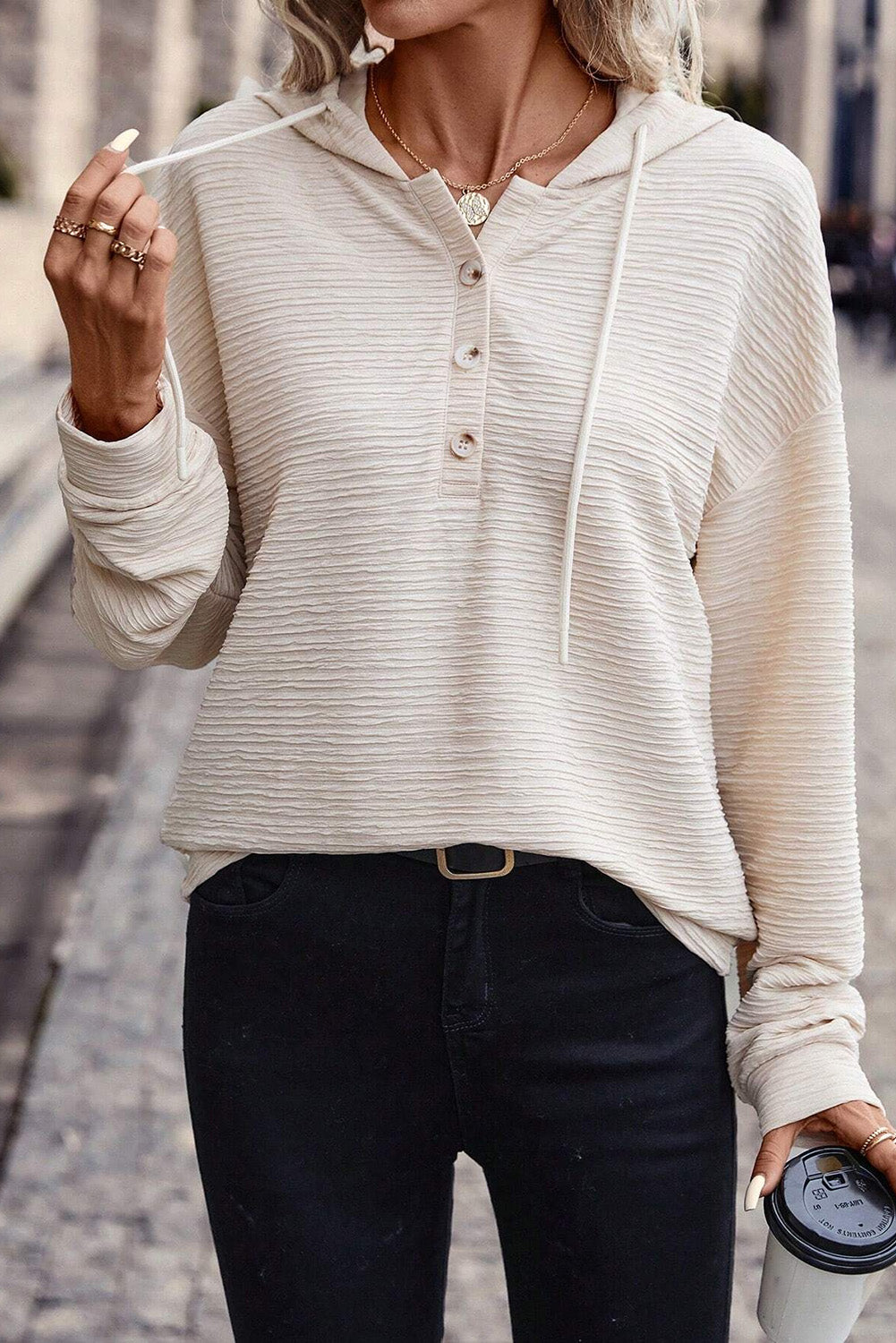 Textured Drawstring Henley Hoodie for Women Solid Long Sleeve Pullover
