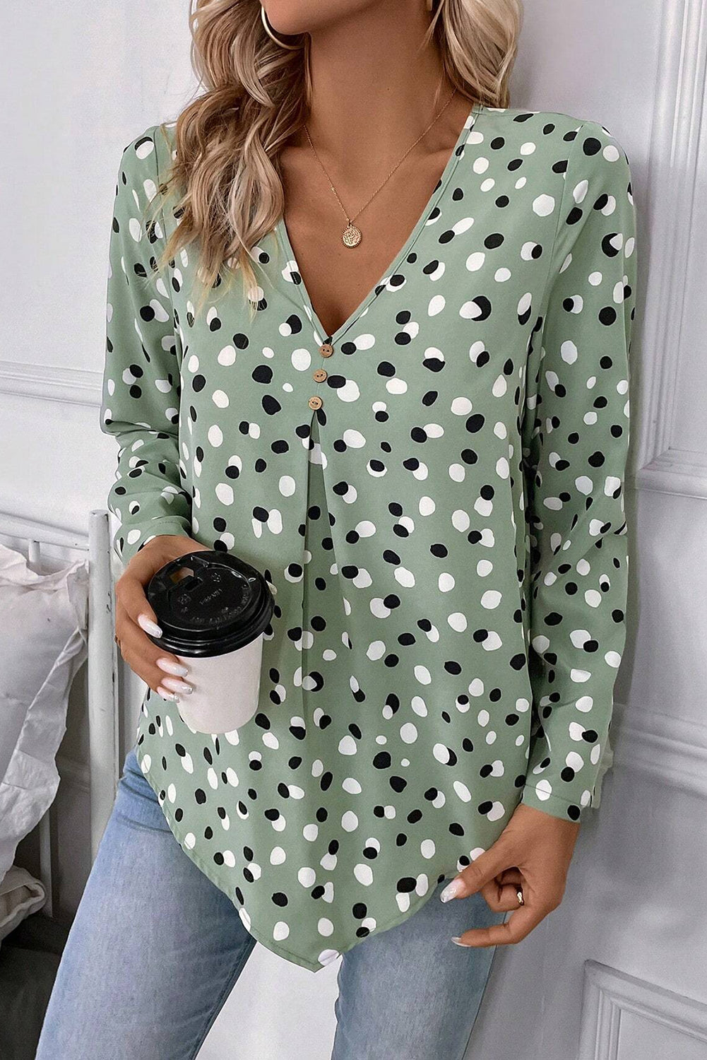 Polka Dot Print Button Front V Neck Blouse with Long Sleeves