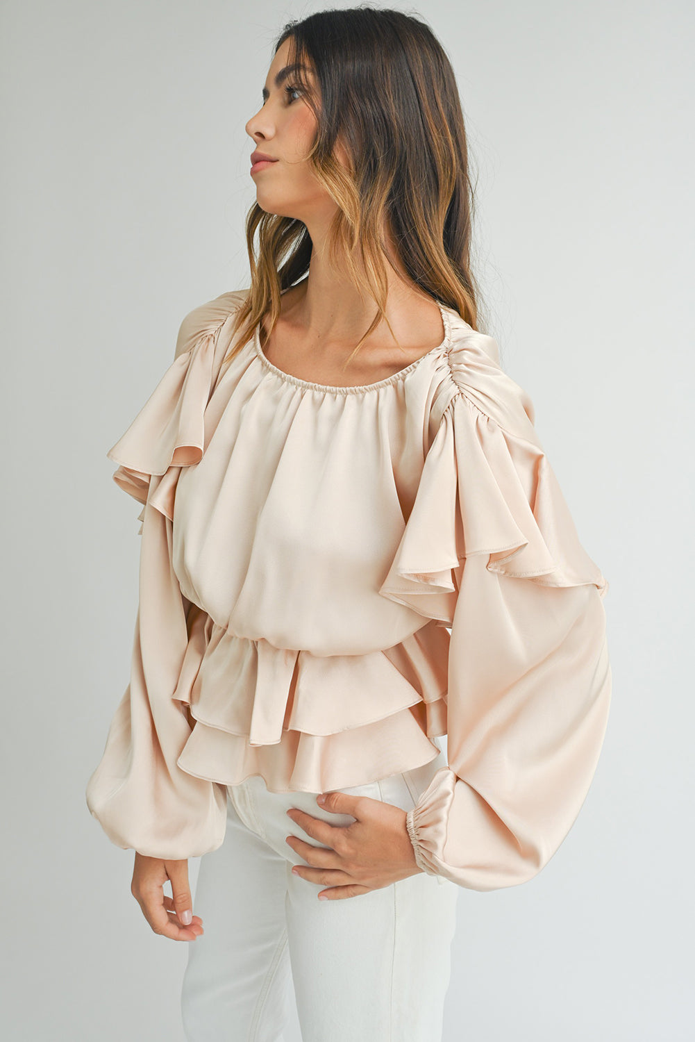 Lace-Up Keyhole Back Ruffled Peplum Blouse for Women