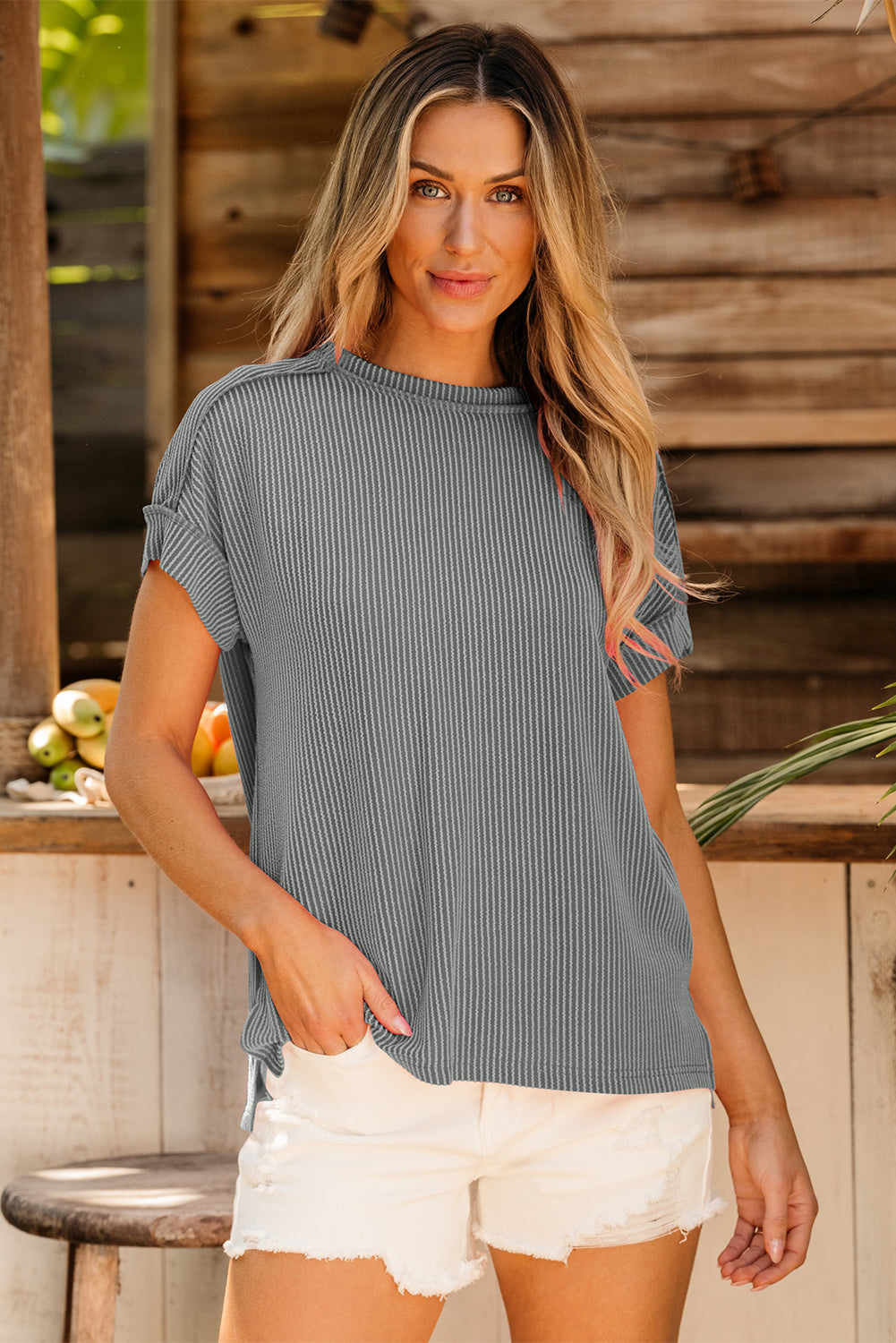 Textured Knit T-shirt with Exposed Stitching and Short Sleeves