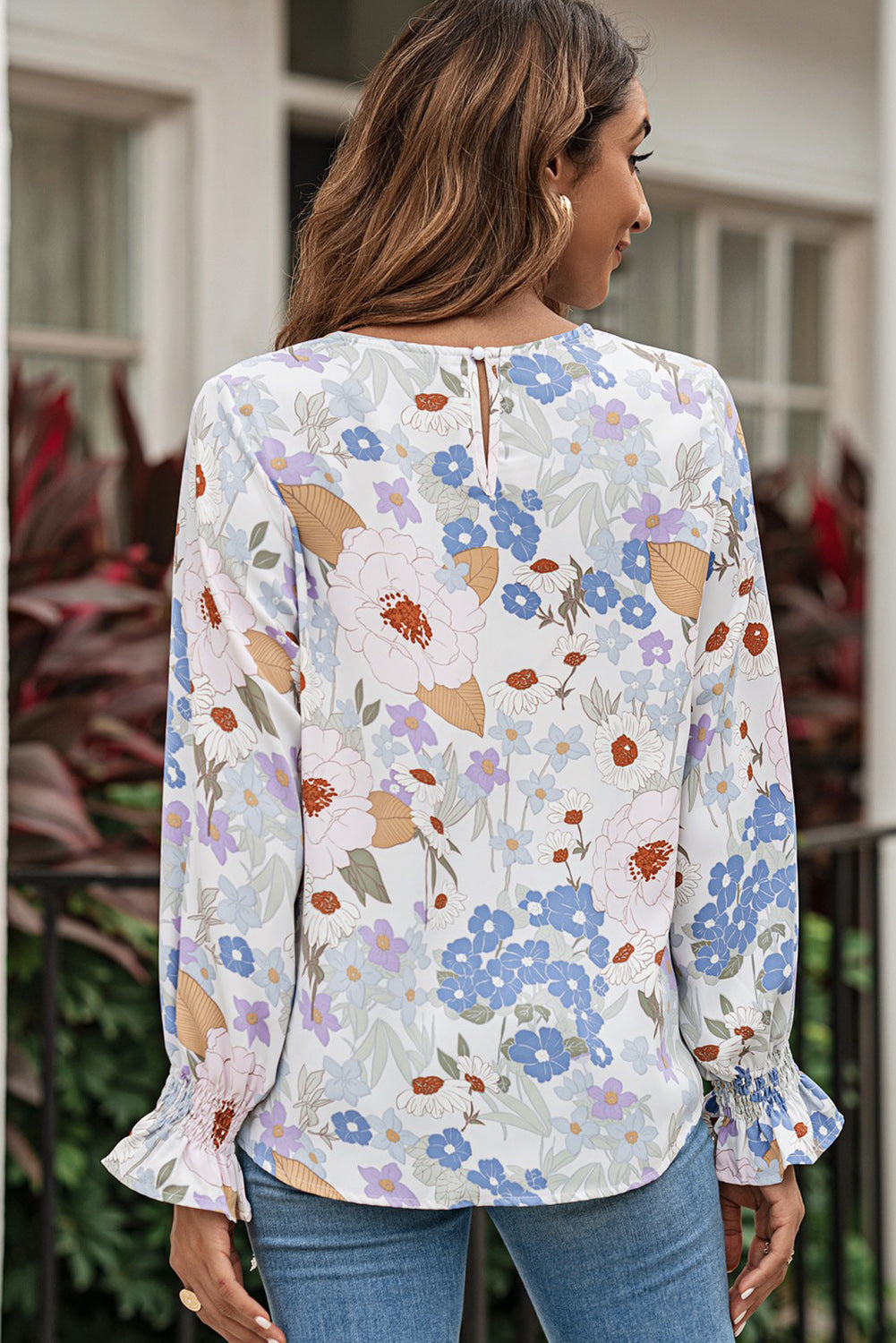 Floral Print Sweetheart Neck Lantern Sleeve Long Sleeve Blouse