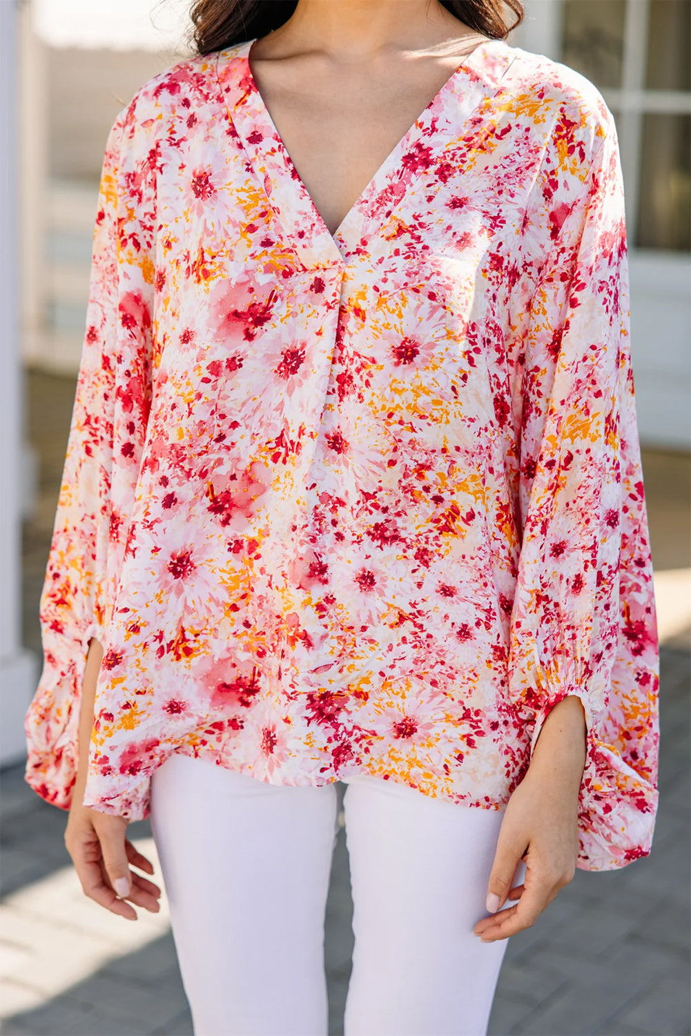 Ditsy Floral V Neck Bubble Sleeve Blouse for Women