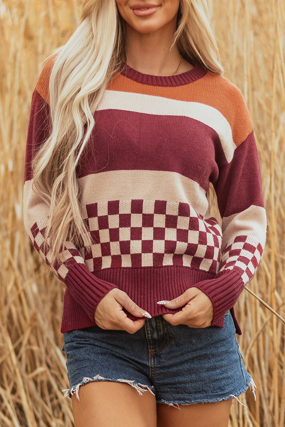 Knitted Checkered Color Block Drop Shoulder Sweater