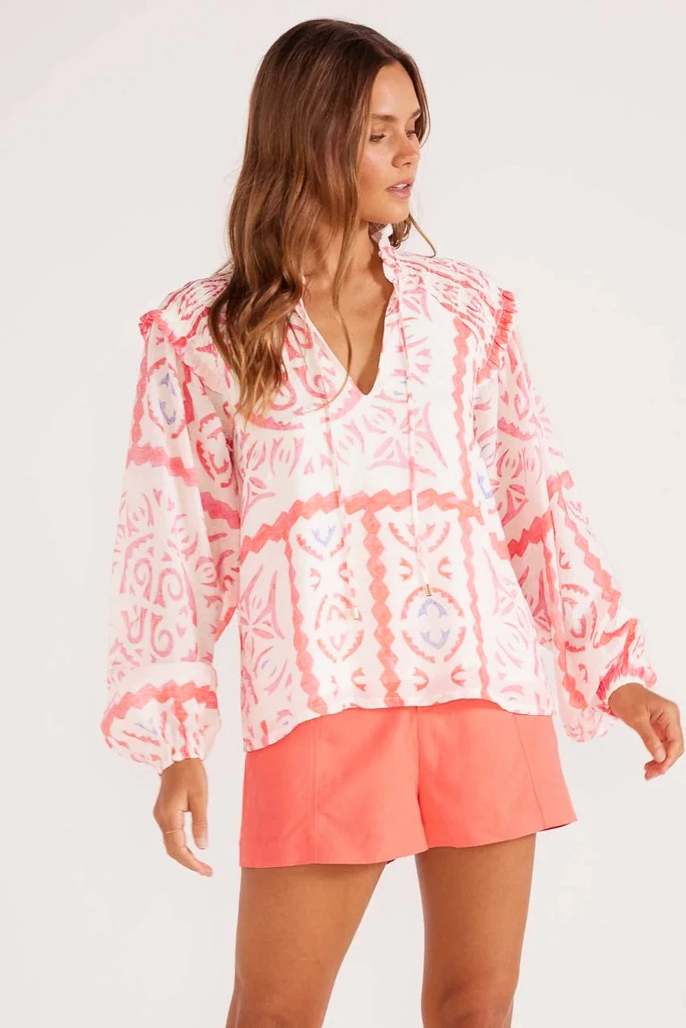 Vintage Print Smocked Poet Collar Blouson Sleeve Blouse