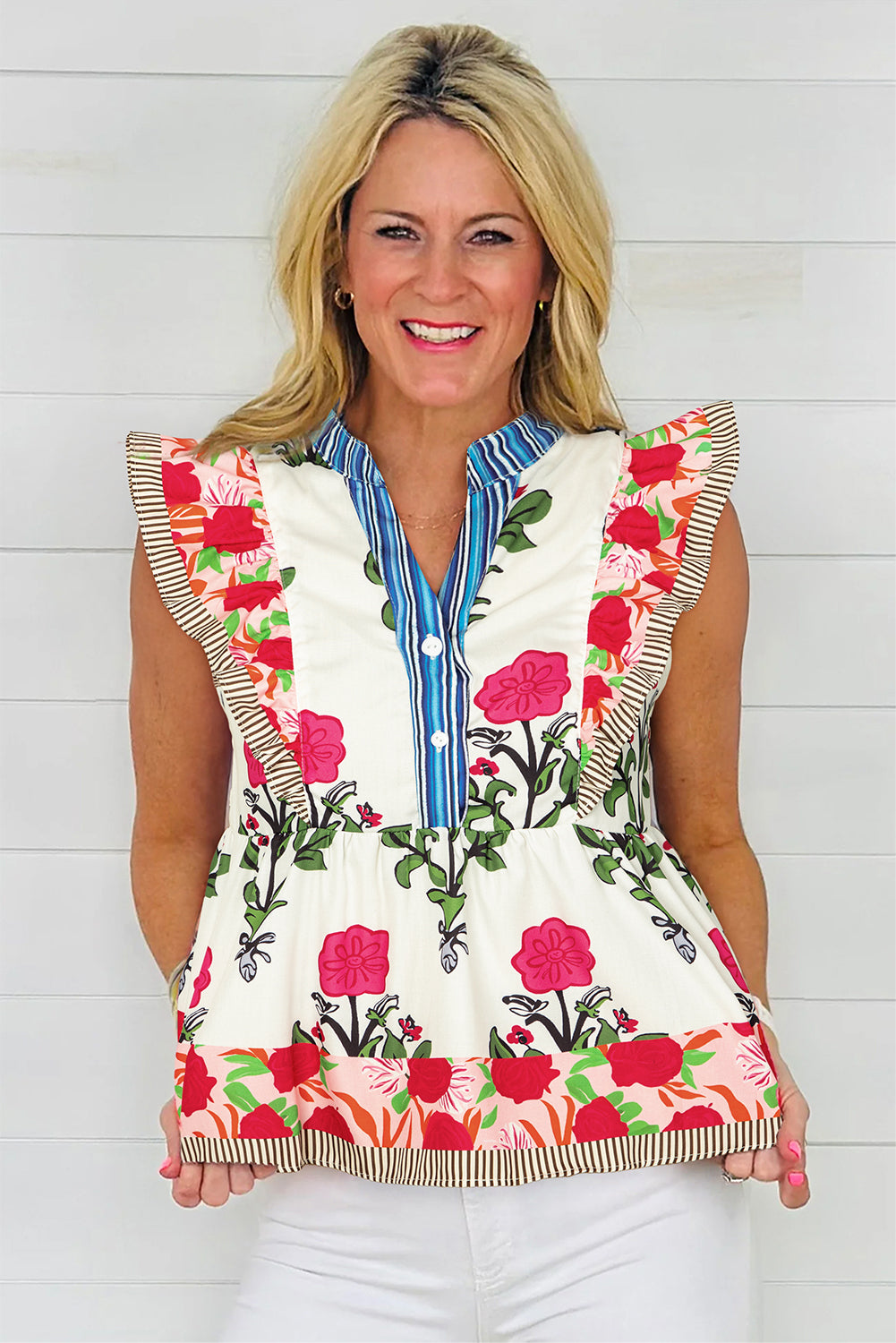 Floral Print Tie Neck Blouse with Striped Detail and Flutter Sleeves