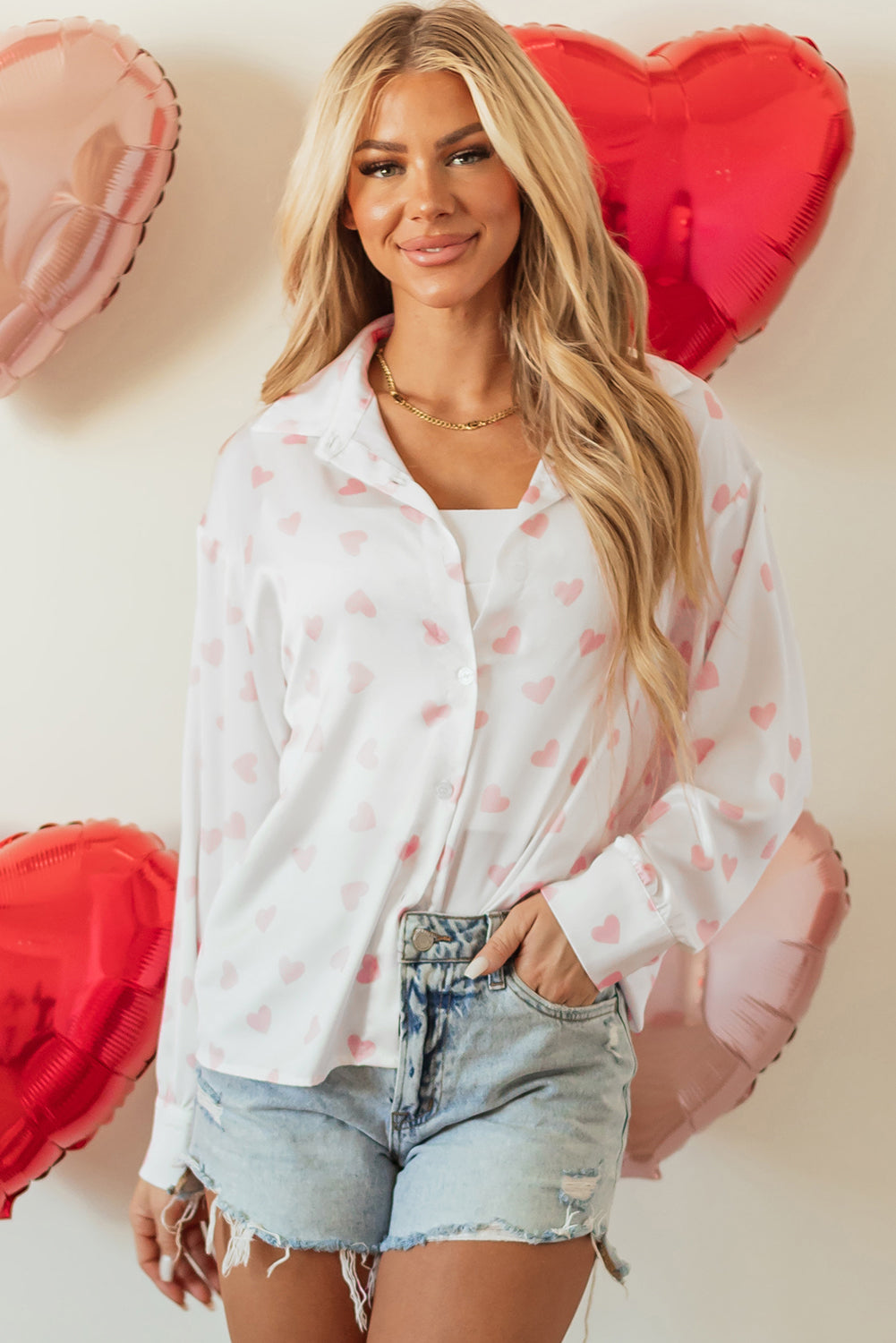 Drop Shoulder Puff Sleeve Shirt with Love Heart Print
