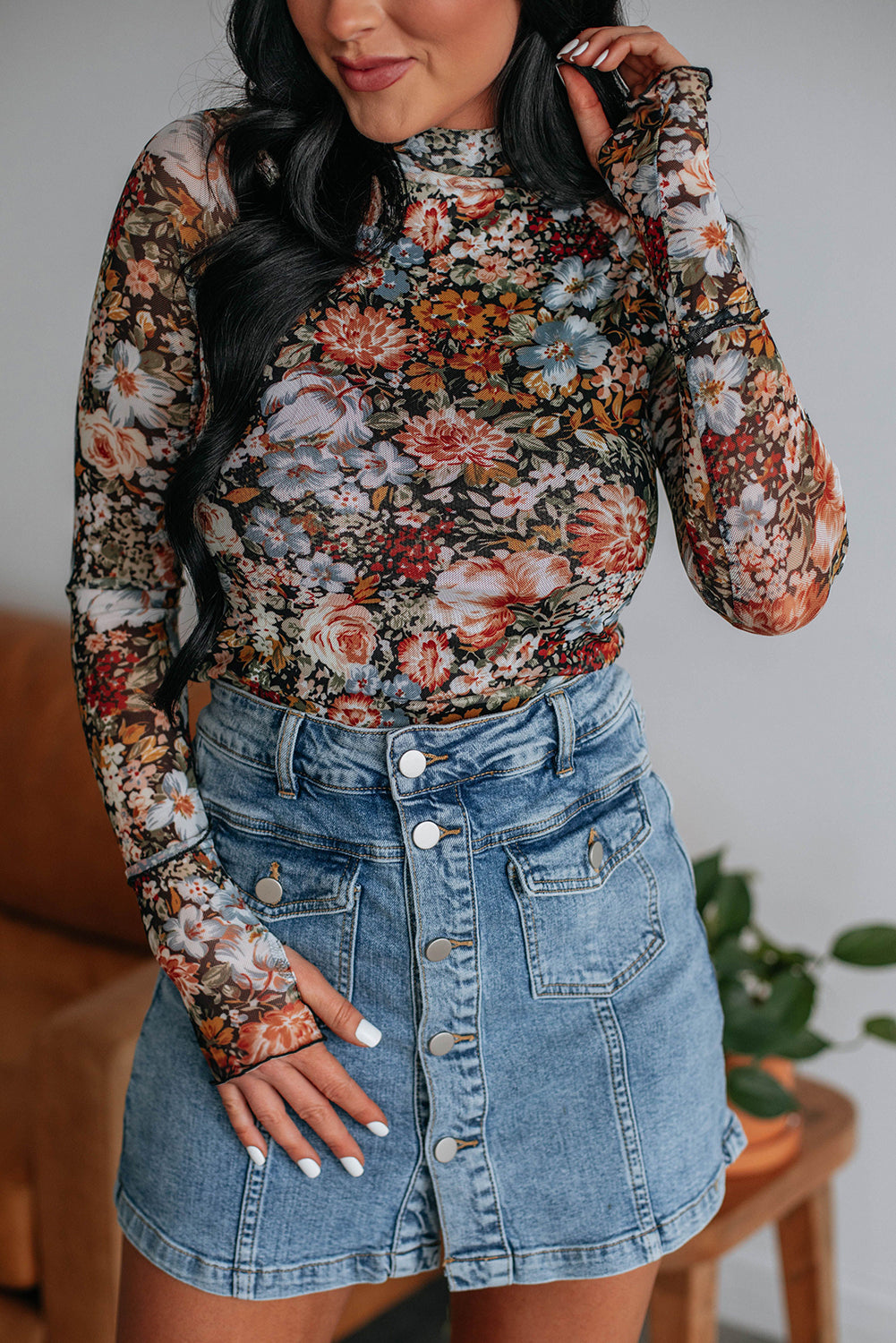 Long Sleeve High Neck Sheath Mesh Floral Blouse