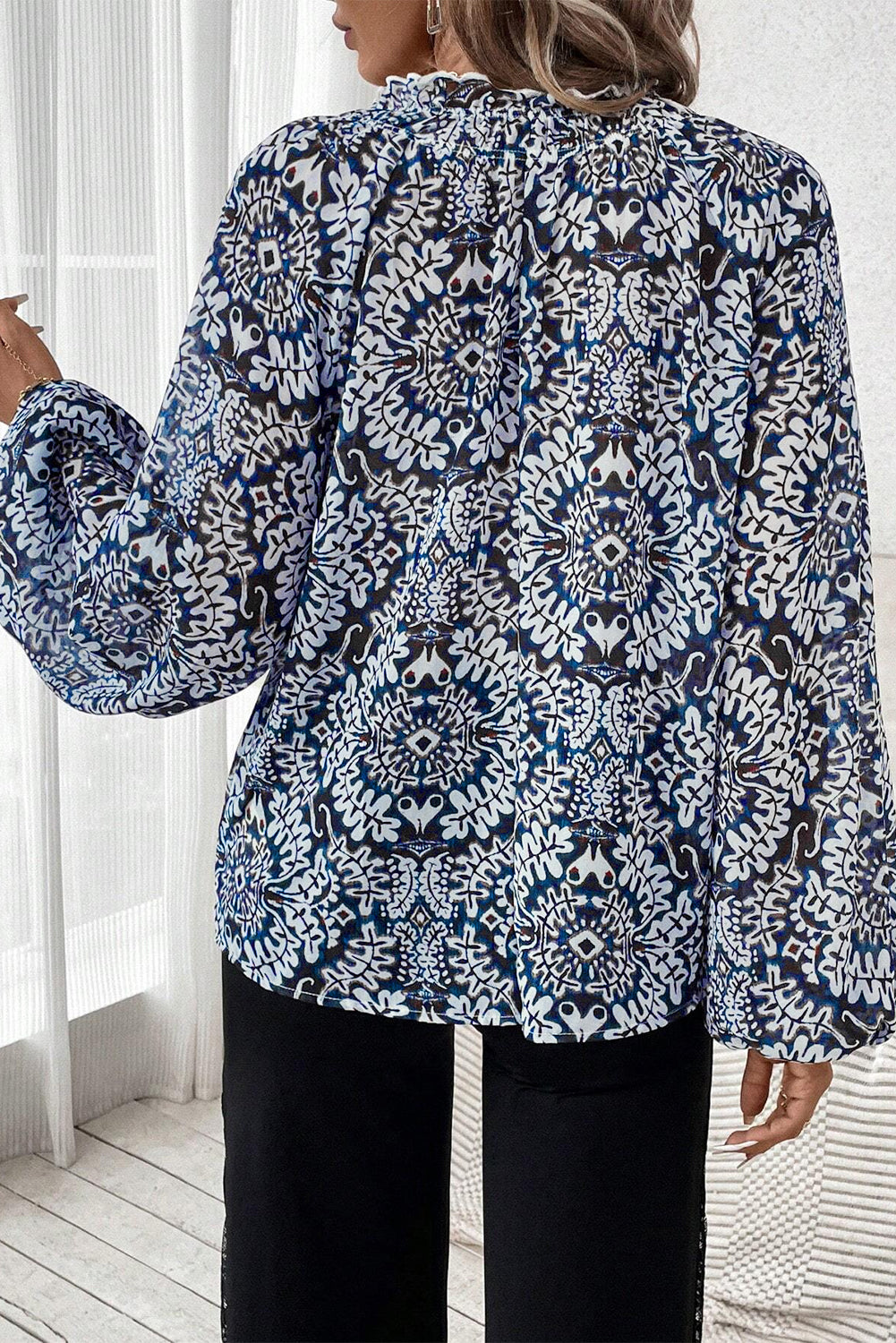 Tribal Print Lace-Up Frilled Neck Puff Sleeve Blouse