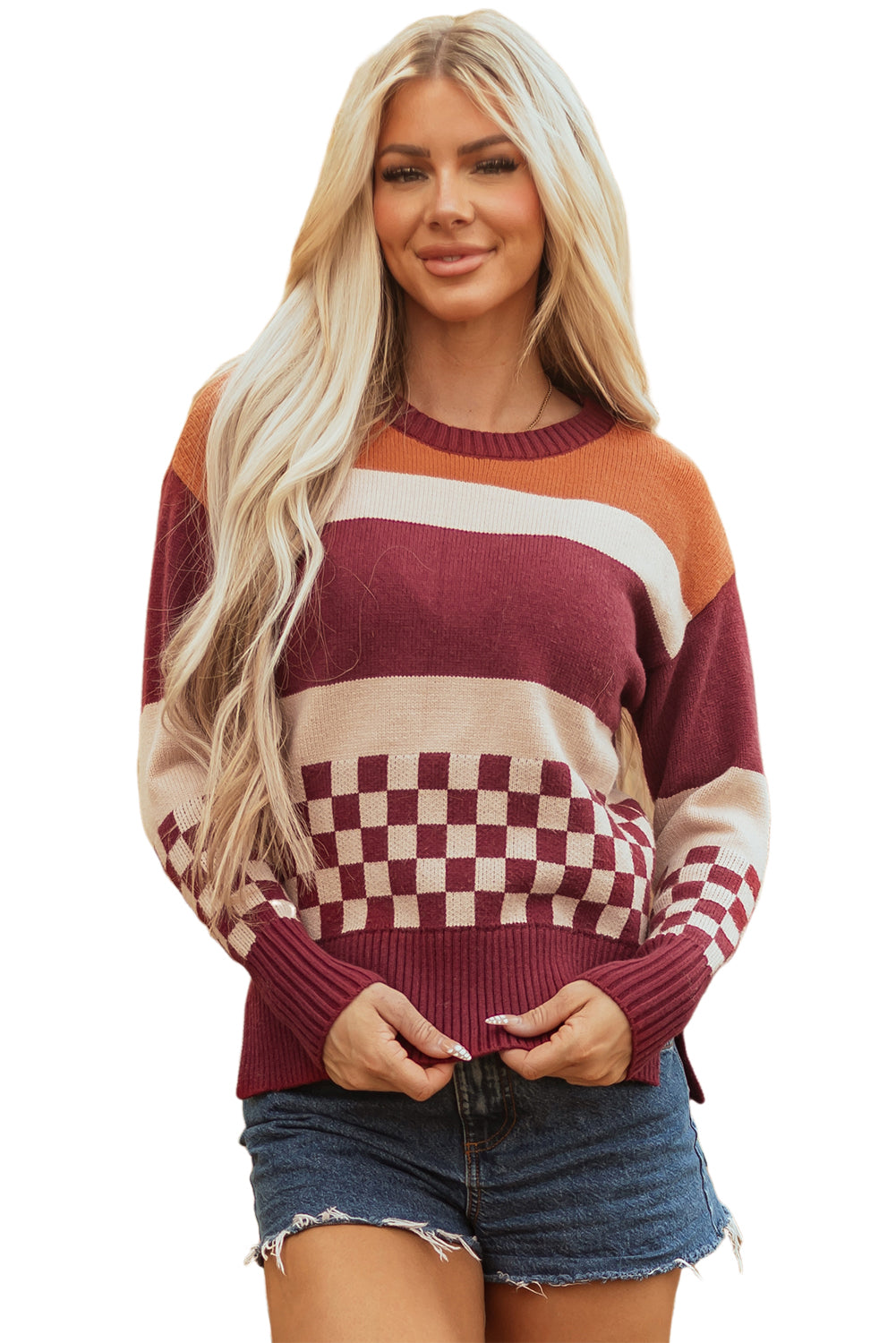 Knitted Checkered Color Block Drop Shoulder Sweater